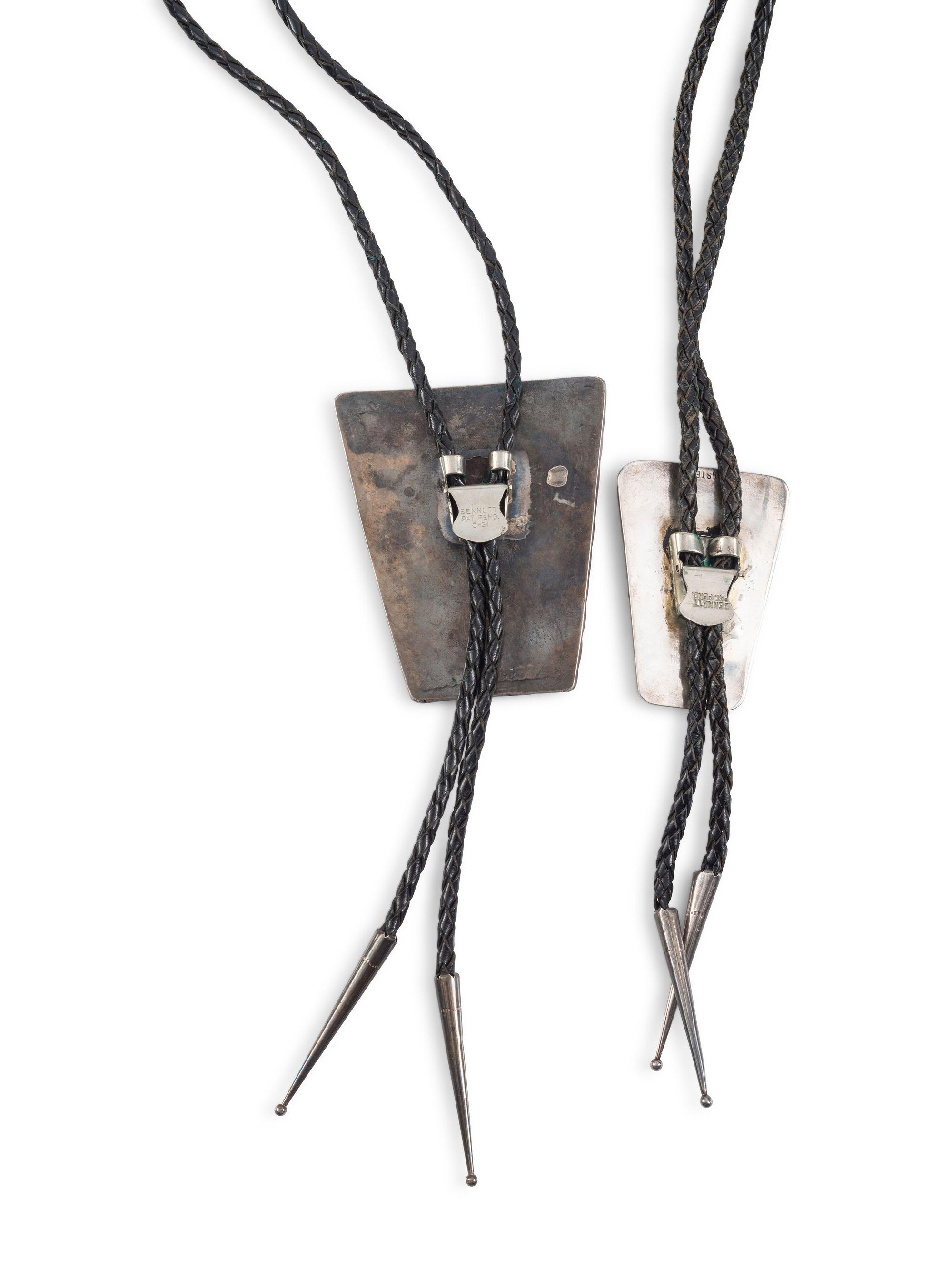Pair of Navajo Silver Bolo Ties, with Turquoise and Coral Chip Inlay