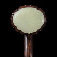 A Chinese Celadon Jade Inset Silver Inlaid Rosewood Ruyi Scepter, Late 19th-20th Century 晚清-民国 硬木嵌螺鈿青白玉福壽如意