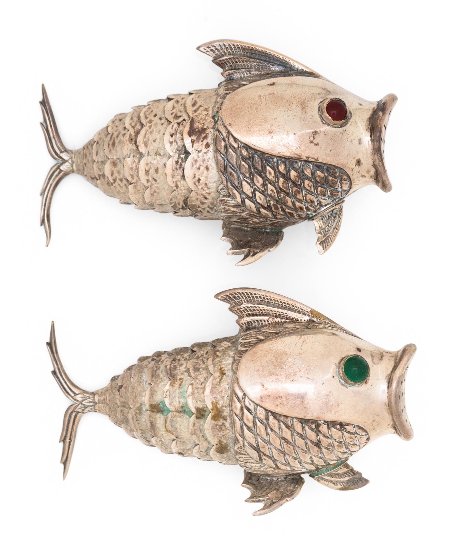 A Pair of Spanish Silver Articulated Fish-Form Casters