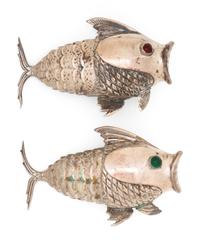 A Pair of Spanish Silver Articulated Fish-Form Casters