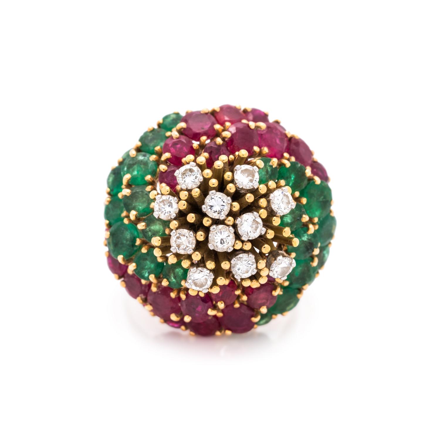 DIAMOND, RUBY AND EMERALD RING