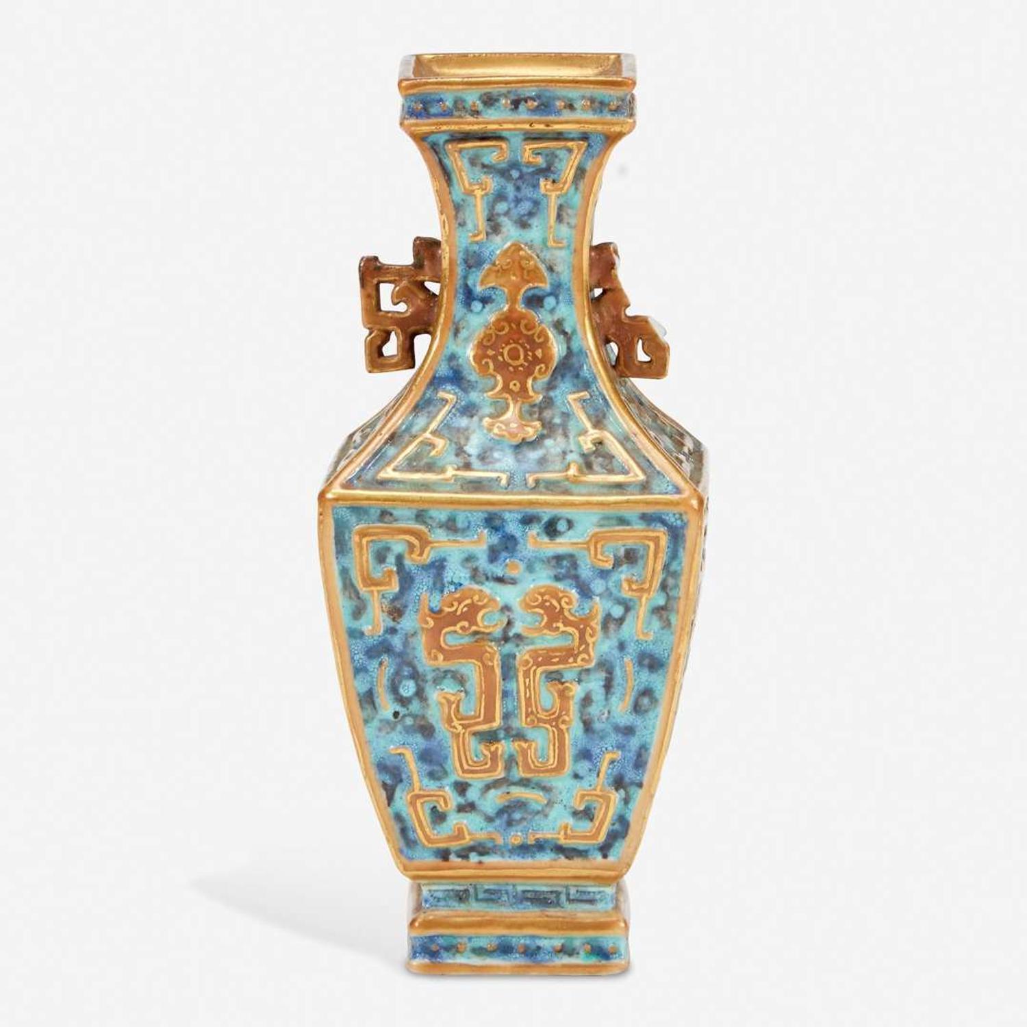 An unusual small Chinese archaistic enameled and gilt porcelain cabinet vase 倣古风格珐琅彩花瓶 Six-character "Da Qing Qianlong yuzhi" seal mark “??????”???