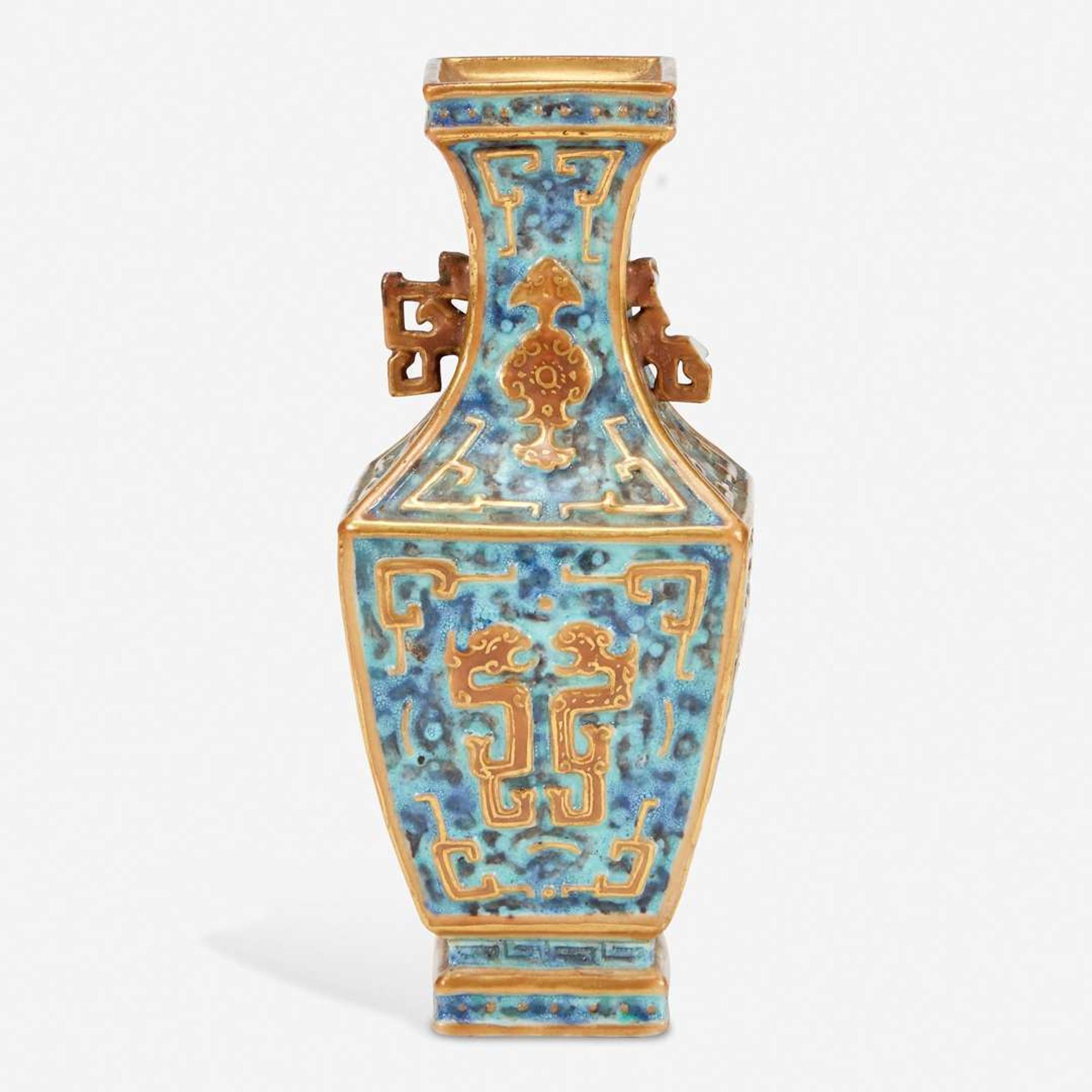 An unusual small Chinese archaistic enameled and gilt porcelain cabinet vase 倣古风格珐琅彩花瓶 Six-character "Da Qing Qianlong yuzhi" seal mark “??????”???