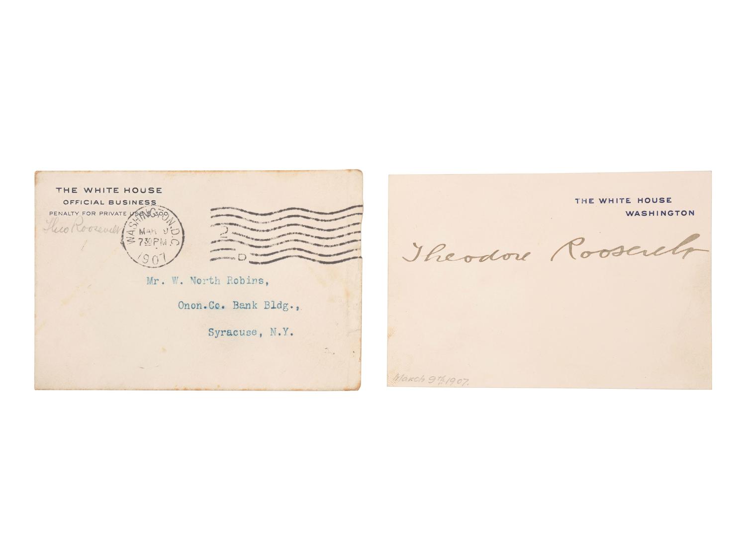 ROOSEVELT, Theodore (1858-1919). White House card signed ("Theodore Roosevelt"), as President, Washington [DC], ca 9 March 1907.