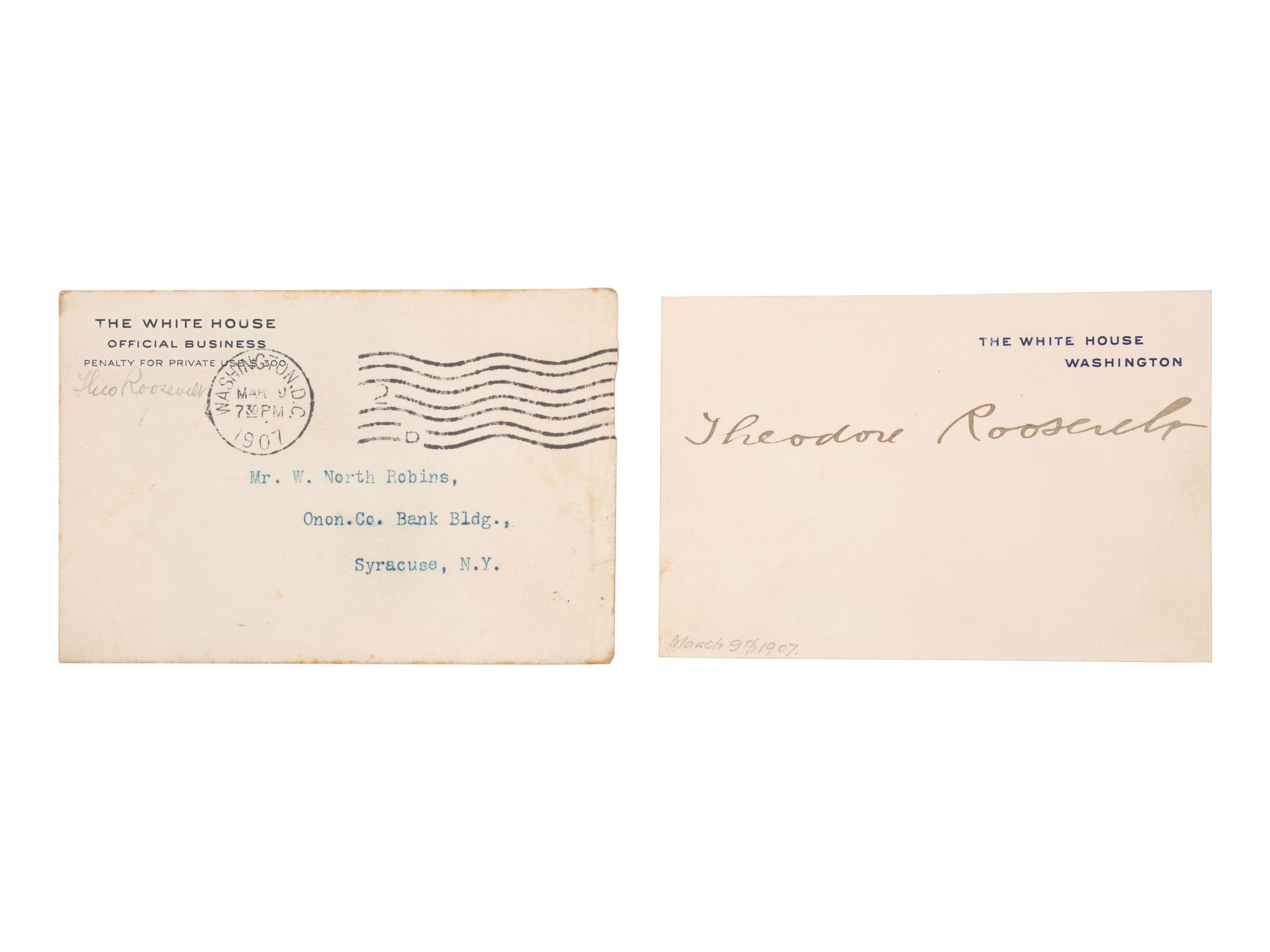ROOSEVELT, Theodore (1858-1919). White House card signed ("Theodore Roosevelt"), as President, Washington [DC], ca 9 March 1907.