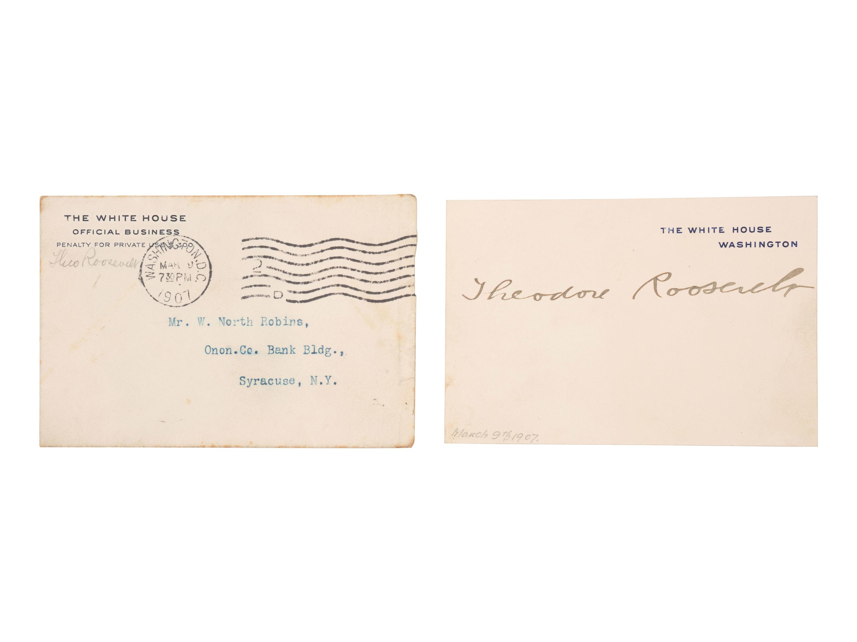 ROOSEVELT, Theodore (1858-1919). White House card signed ("Theodore Roosevelt"), as President, Washington [DC], ca 9 March 1907.