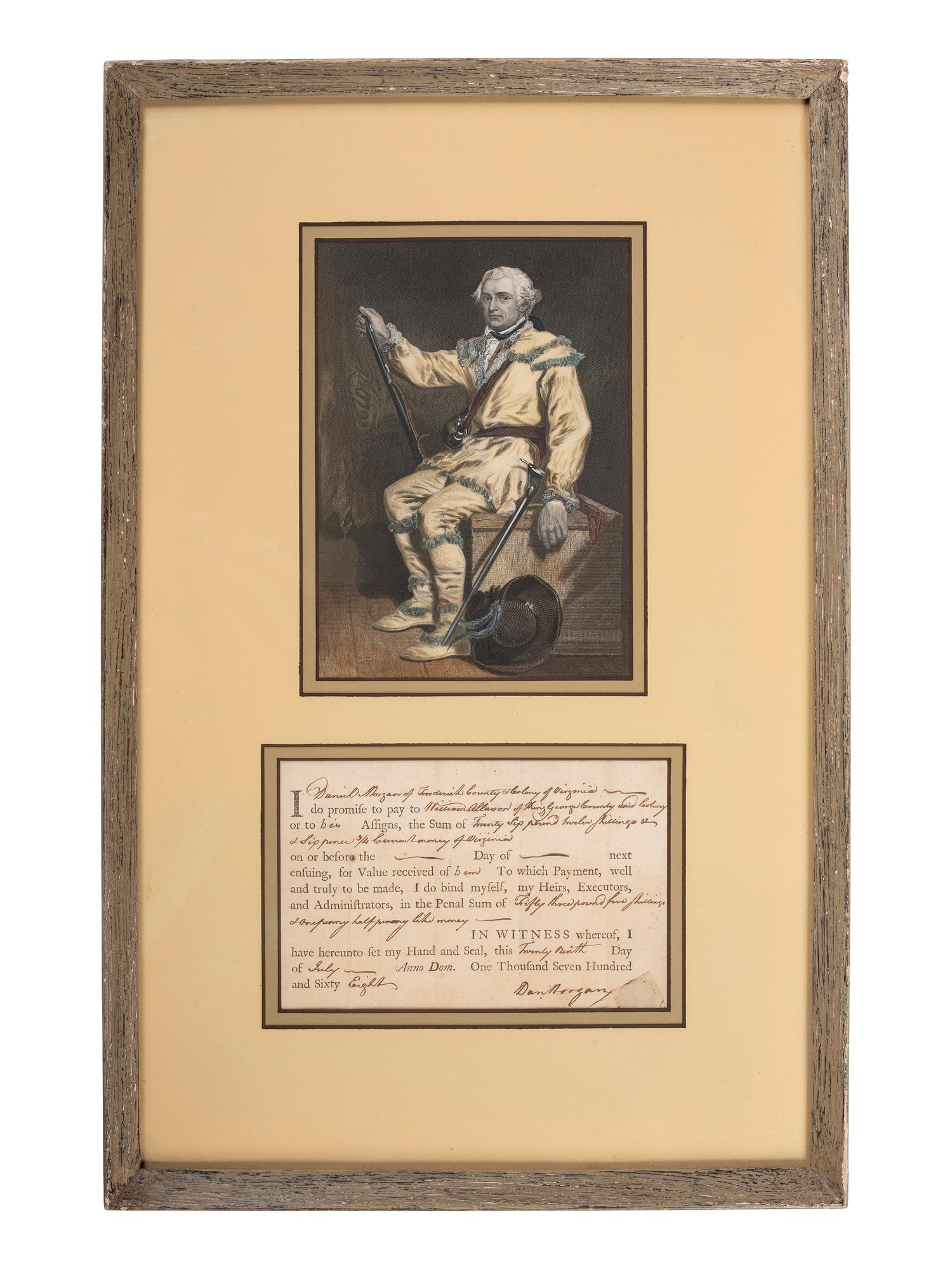 [REVOLUTIONARY WAR]. MORGAN, Daniel (1735/1736-1802). Partially printed document signed ("Dan Morgan"). Frederick County, Virginia, 29 July 1768.