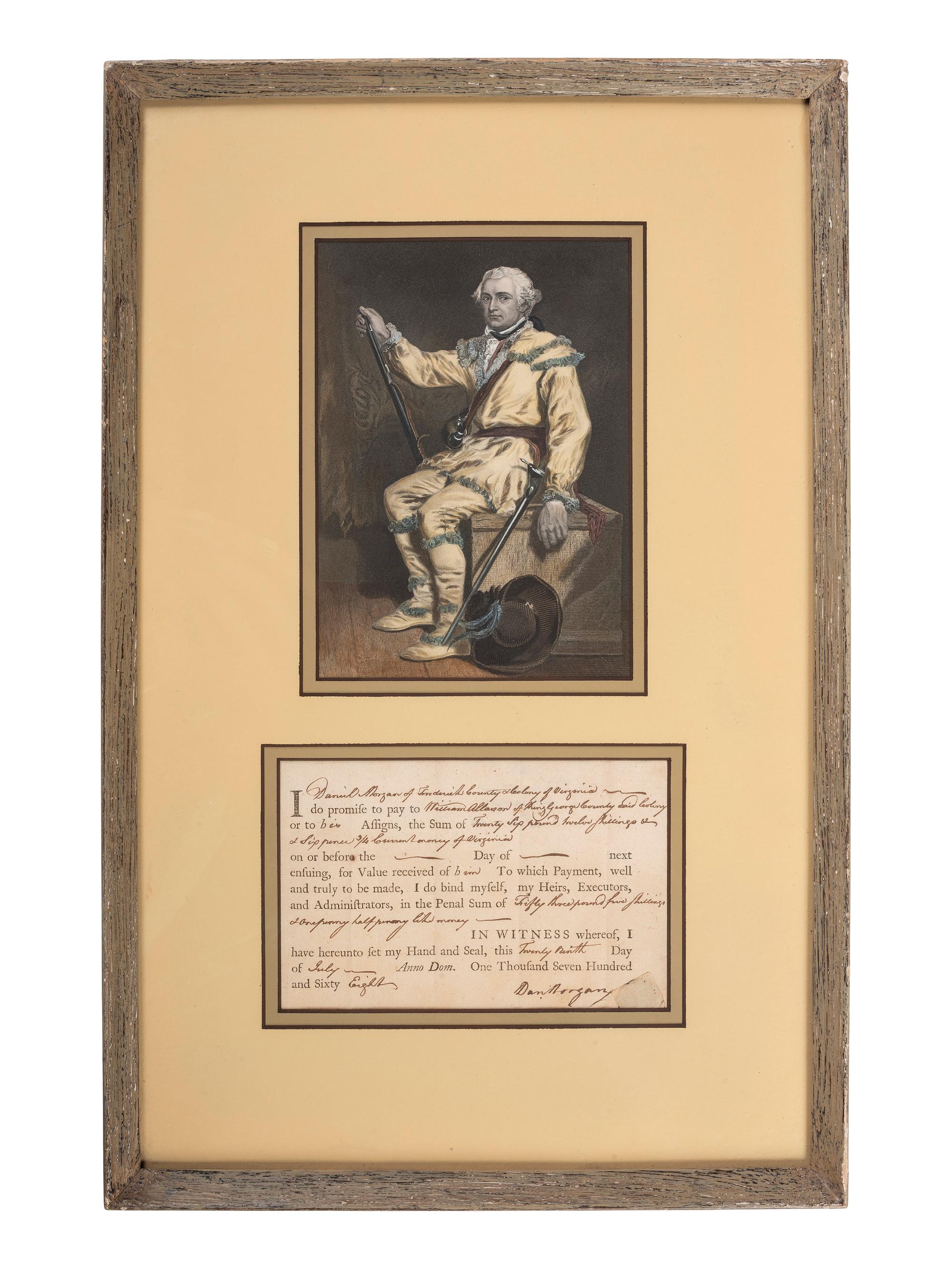 [REVOLUTIONARY WAR]. MORGAN, Daniel (1735/1736-1802). Partially printed document signed ("Dan Morgan"). Frederick County, Virginia, 29 July 1768.