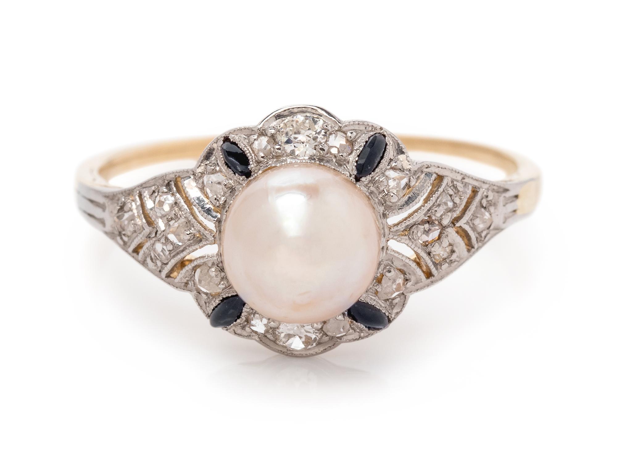 A Platinum Topped Yellow Gold, Pearl, Diamond and Onyx Ring,