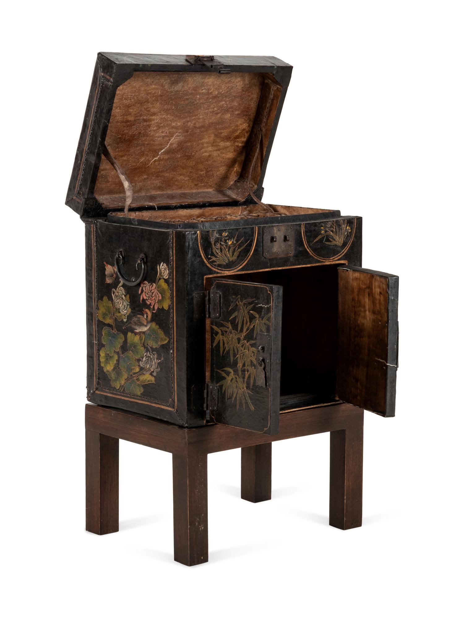 A Chinese Export Papier-Mâché Cabinet on Later Stand
