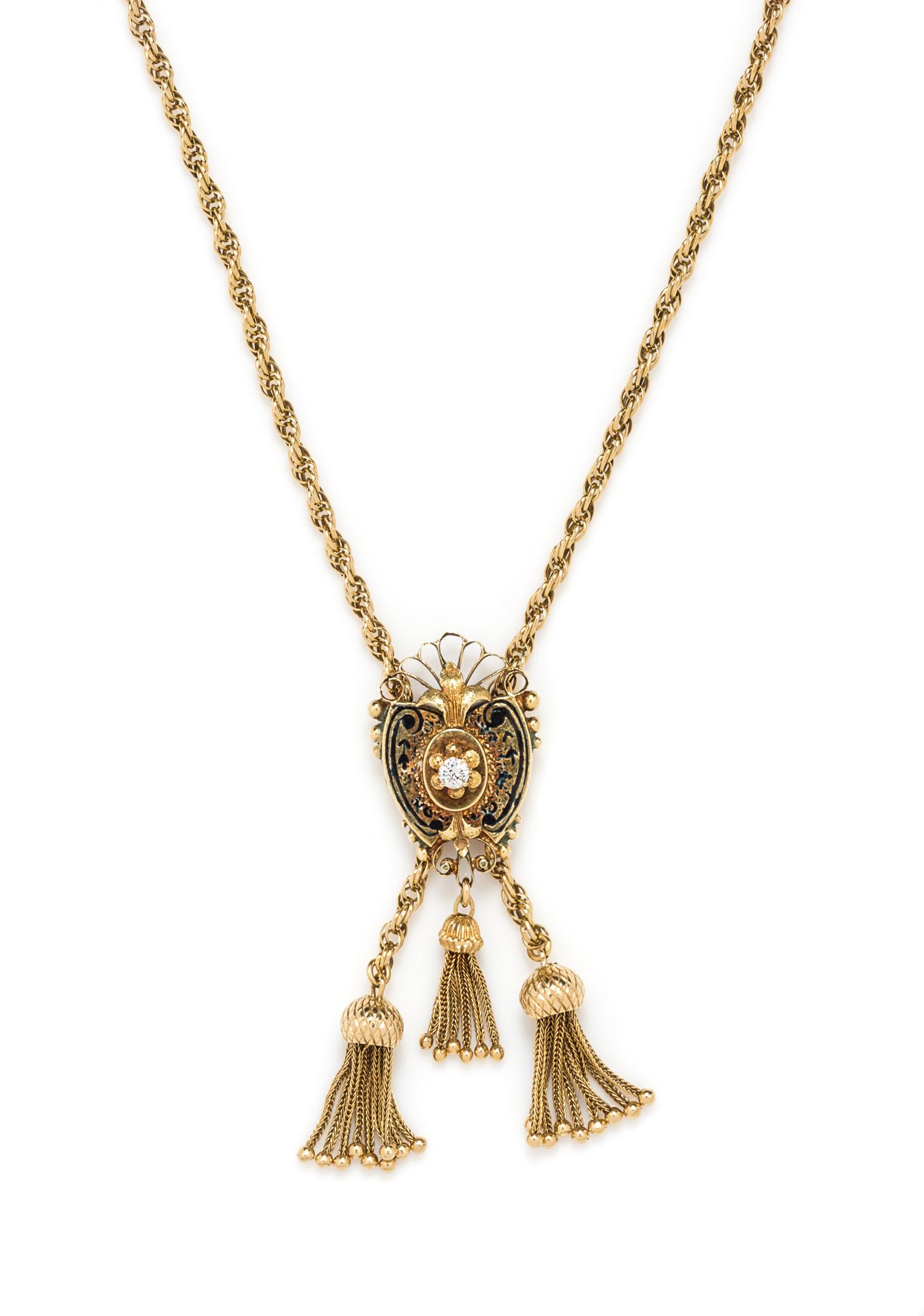 A Victorian Yellow Gold and Diamond Slide Necklace with Tassels, 24.80 dwts.