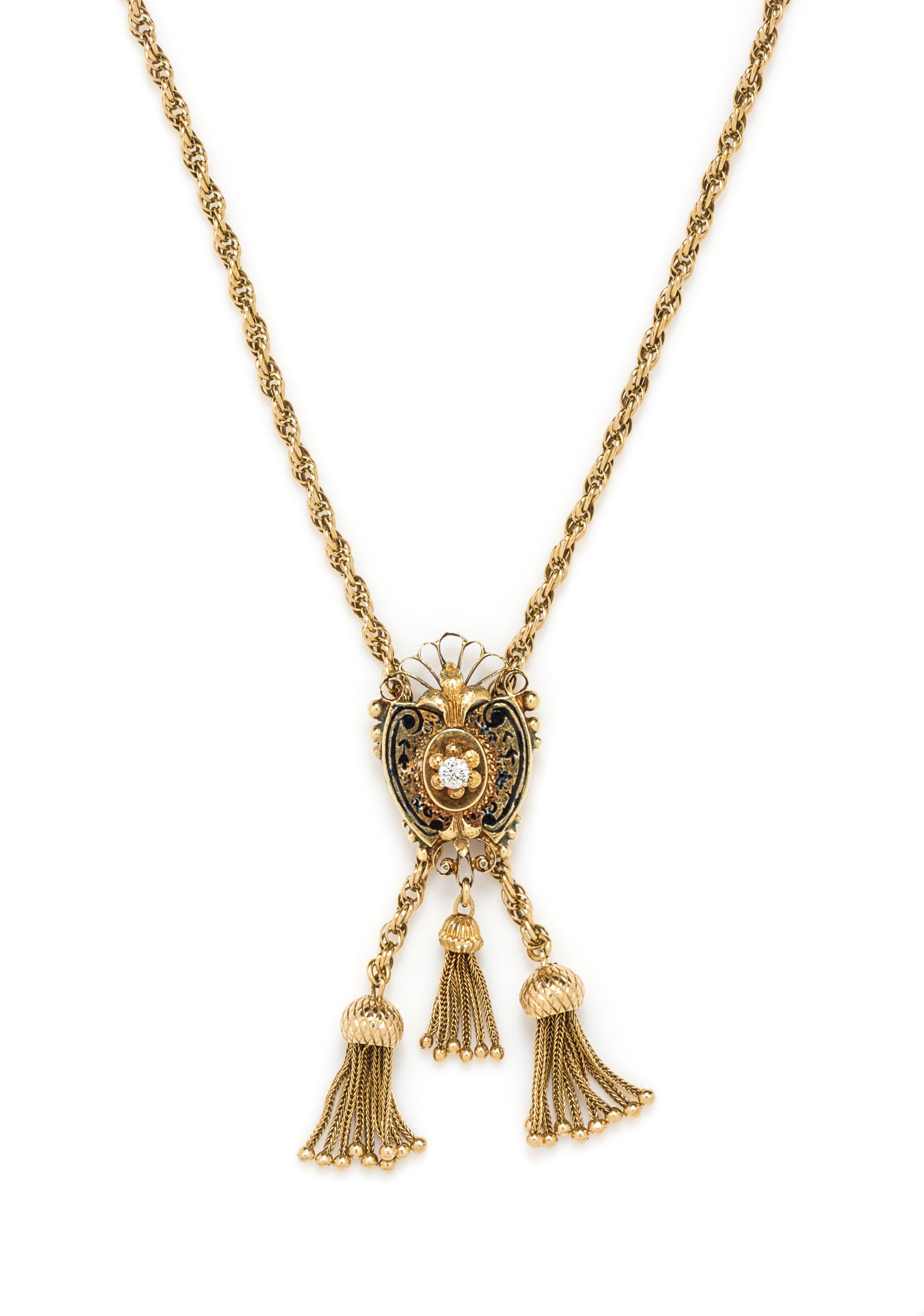 A Victorian Yellow Gold and Diamond Slide Necklace with Tassels, 24.80 dwts.