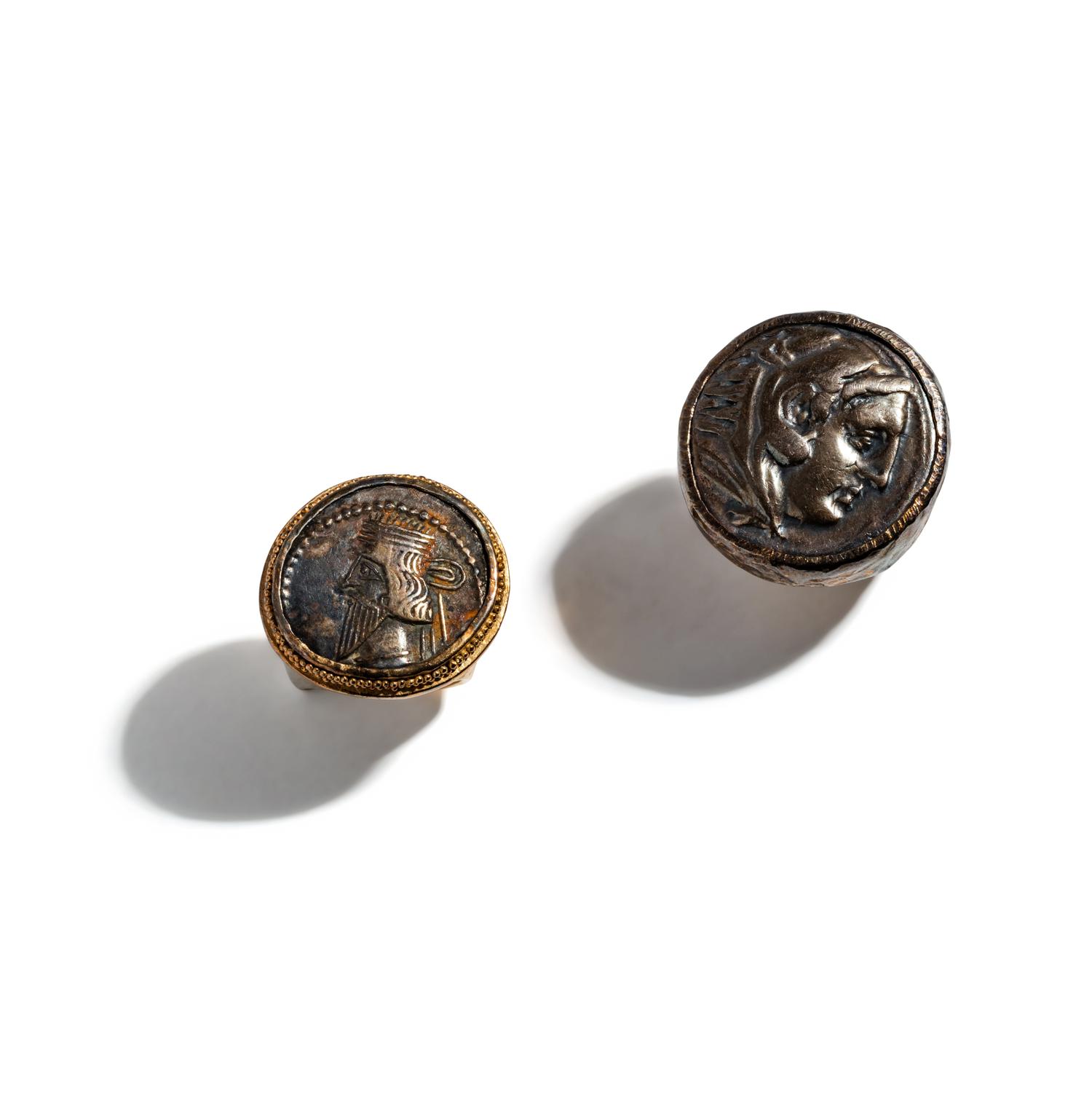 Two Parthian and Greek Silver Coins — Set in modern gold rings