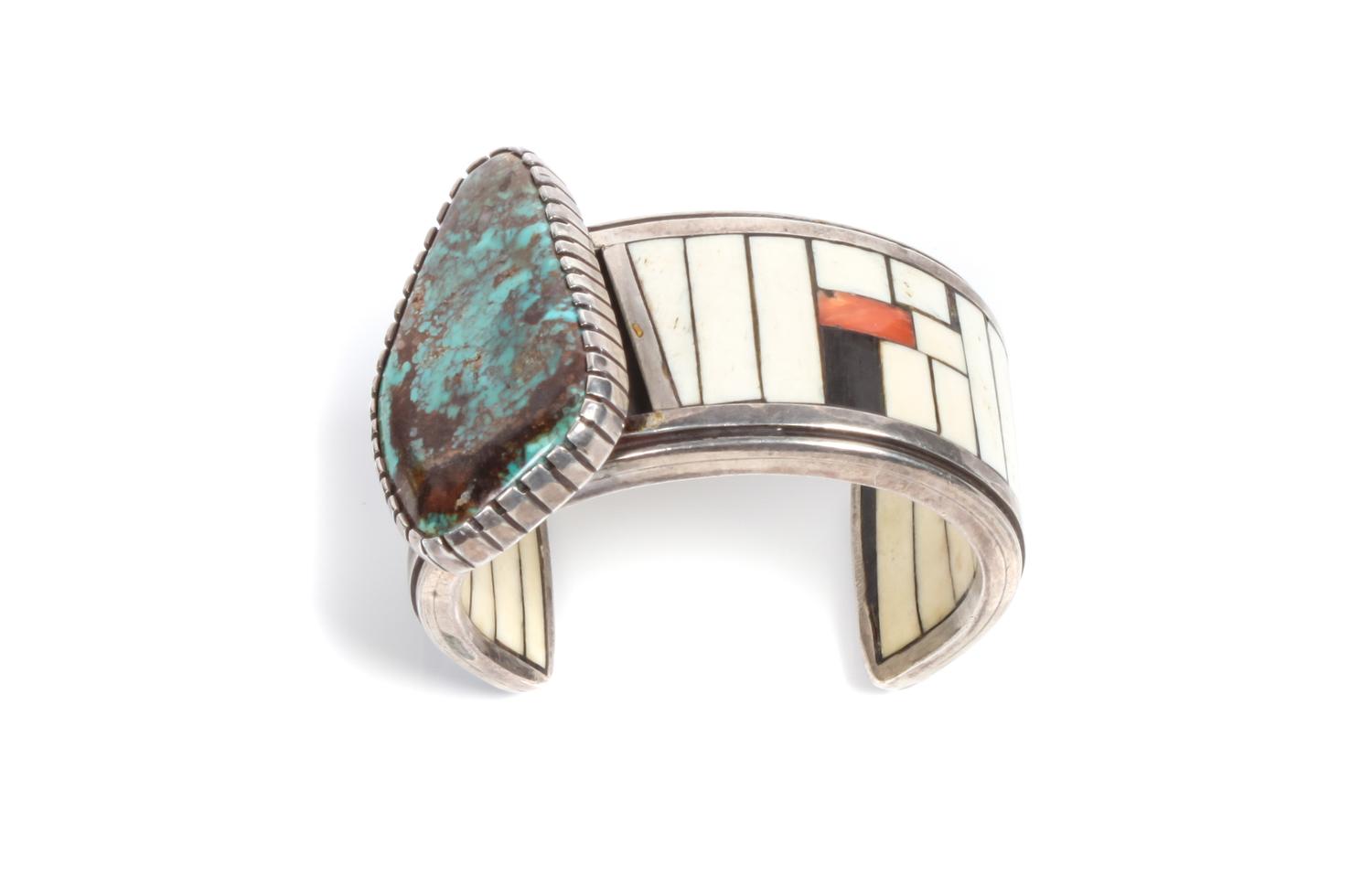 Southwestern Silver, Turquoise and Multi-Stone Bracelet Length 4 7/8 x opening 1 3/8 x width 2 inches