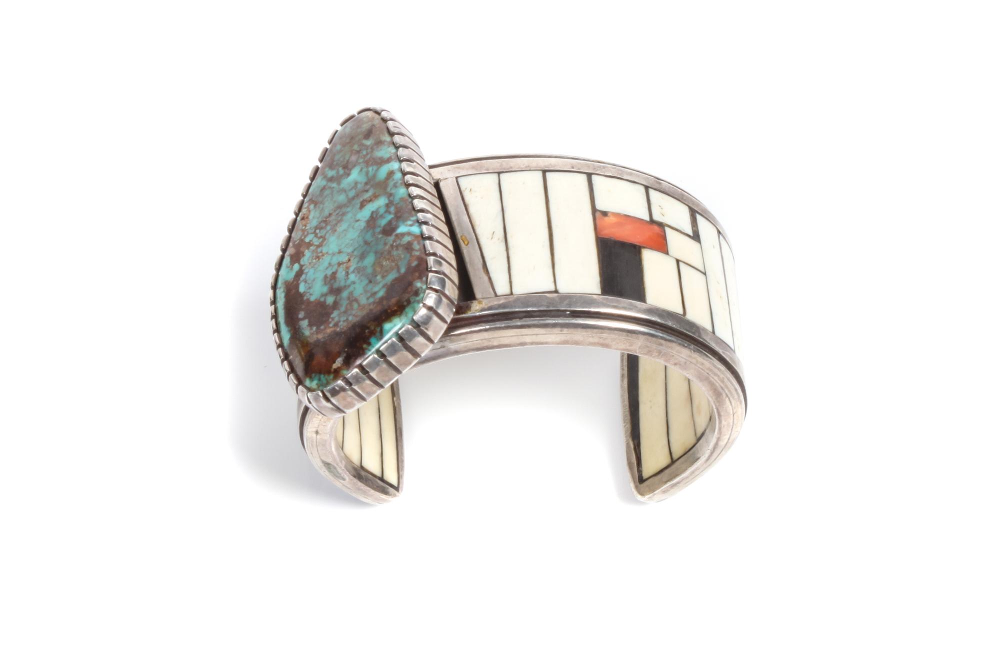 Southwestern Silver, Turquoise and Multi-Stone Bracelet Length 4 7/8 x opening 1 3/8 x width 2 inches