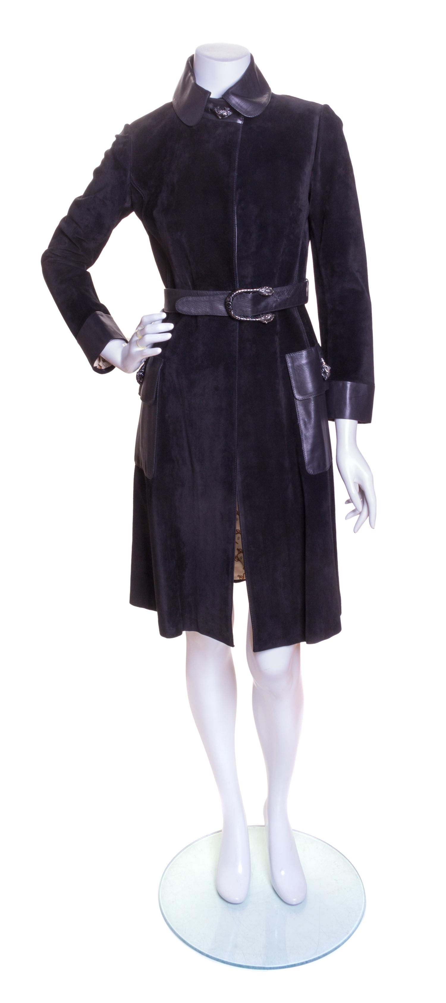 A Gucci Black Suede Trench Coat, Size 44; Belt: 1.5" x 24"- 28.25".