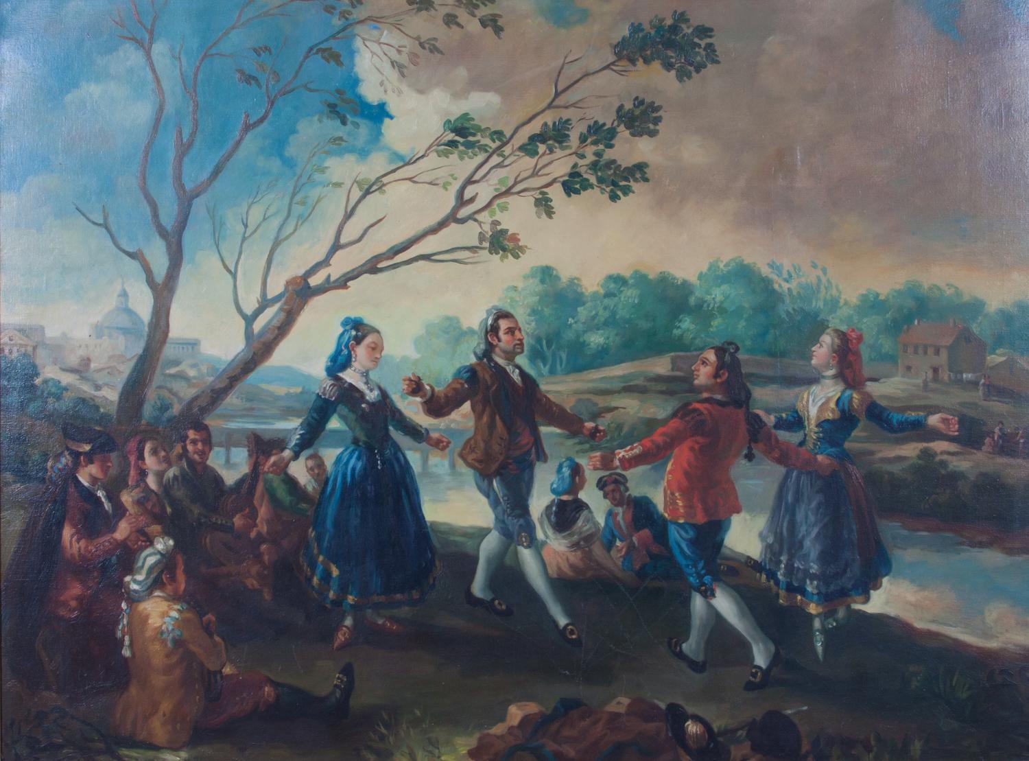 Servando del Pilar, (Spanish, 20th century), Merry People Dancing in Landscape