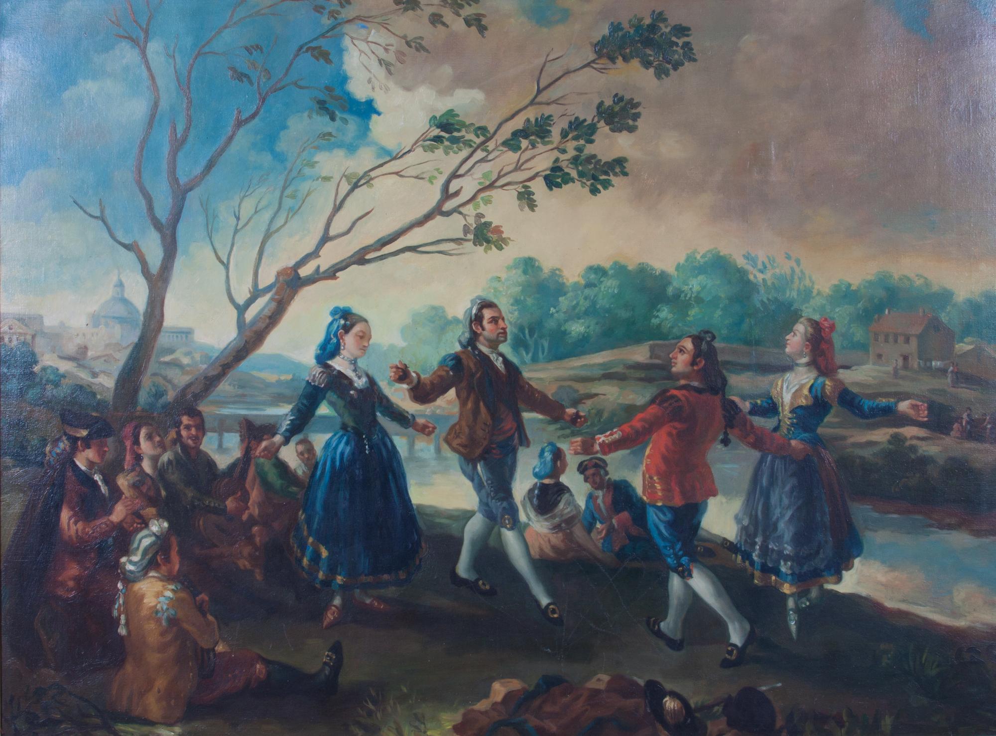 Servando del Pilar, (Spanish, 20th century), Merry People Dancing in Landscape