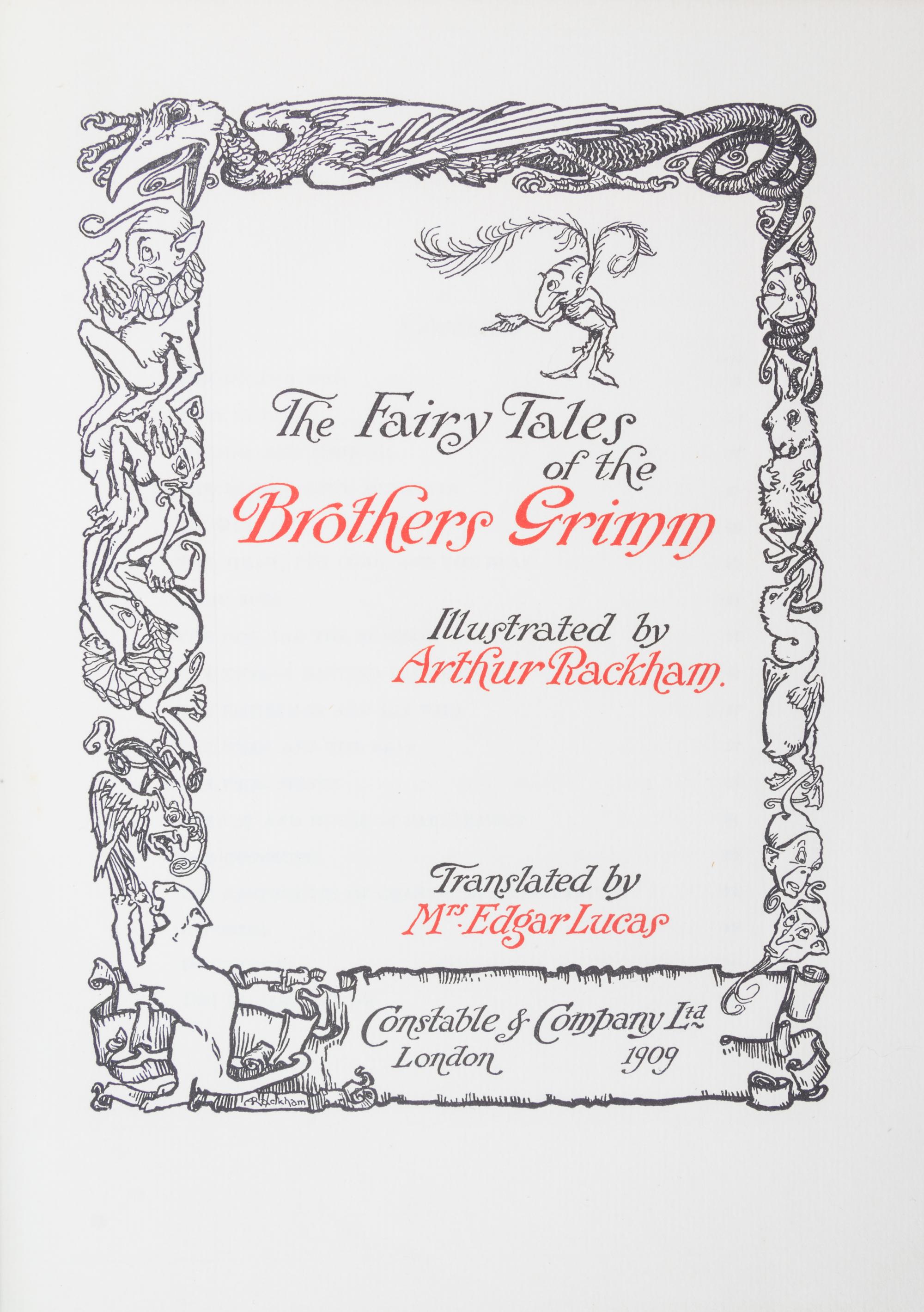 RACKHAM, ARTHUR. The Fairy Tales of the Brothers Grimm. London, 1909. Signed, limited.
