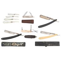 Lot of 9 British Pocket Knives and Straight Razors Including: Taylor, Wade Wingfield, and Sheffield Makers