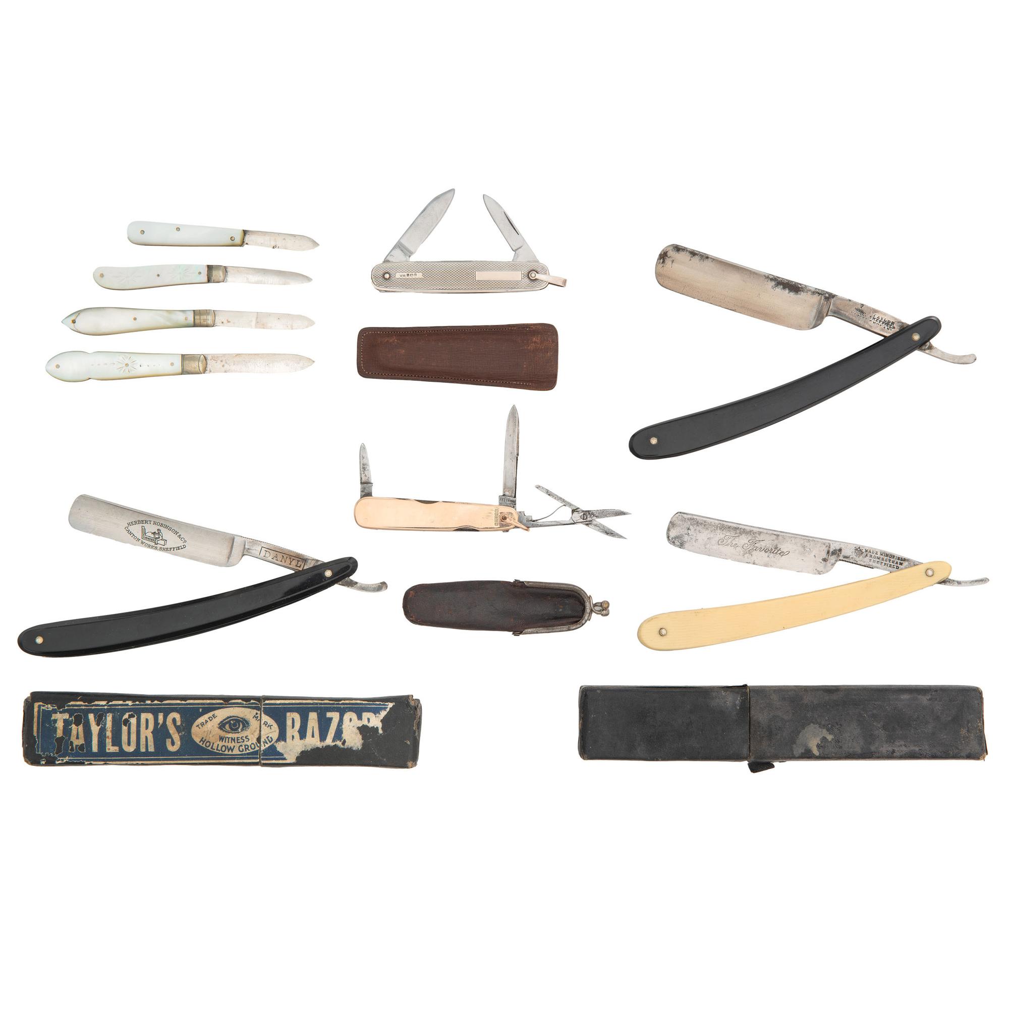 Lot of 9 British Pocket Knives and Straight Razors Including: Taylor, Wade Wingfield, and Sheffield Makers