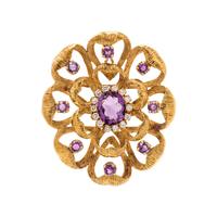 YELLOW GOLD, AMETHYST, AND DIAMOND PENDANT/BROOCH