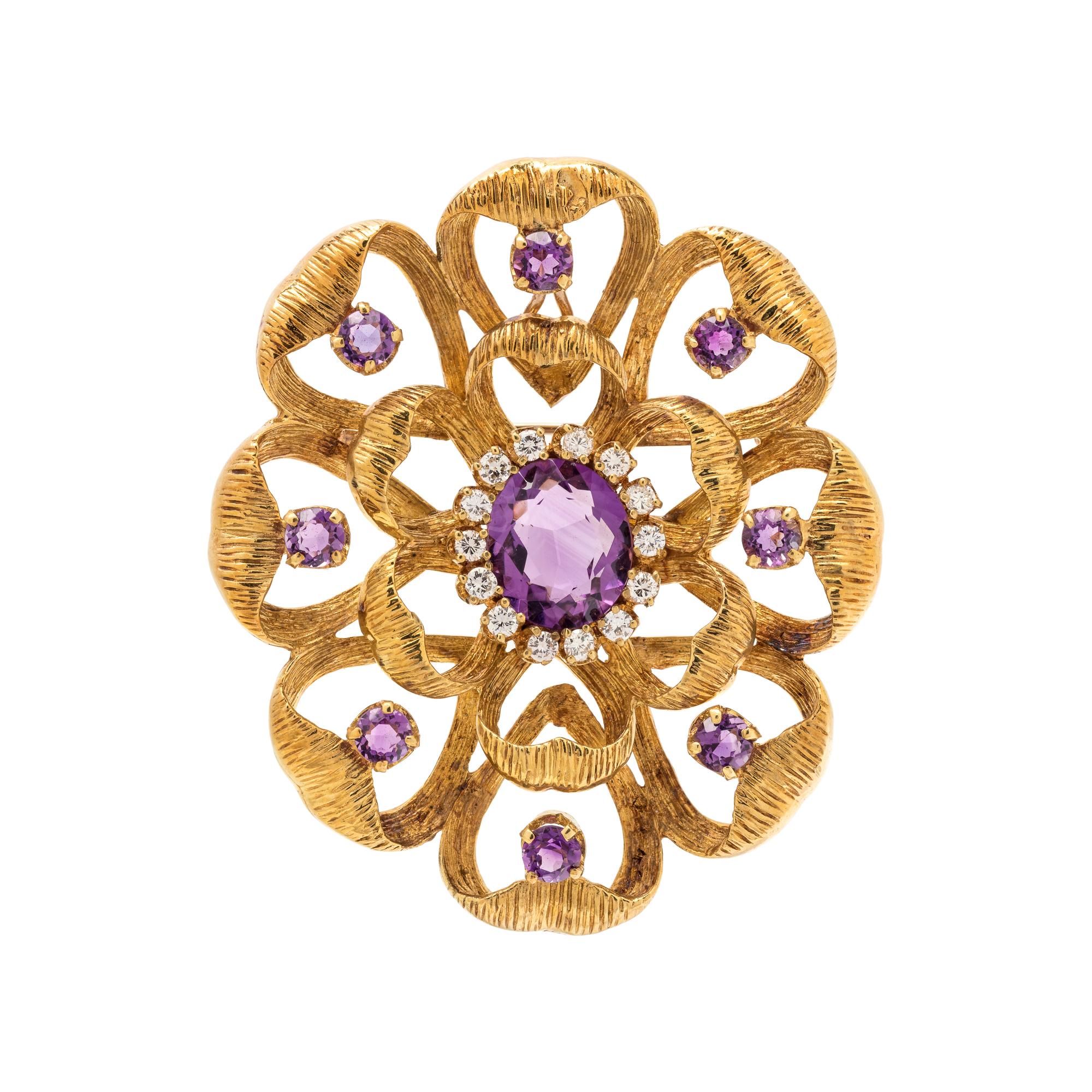 YELLOW GOLD, AMETHYST, AND DIAMOND PENDANT/BROOCH