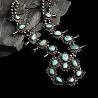 Navajo Silver and Turquoise Squash Blossom Necklace
