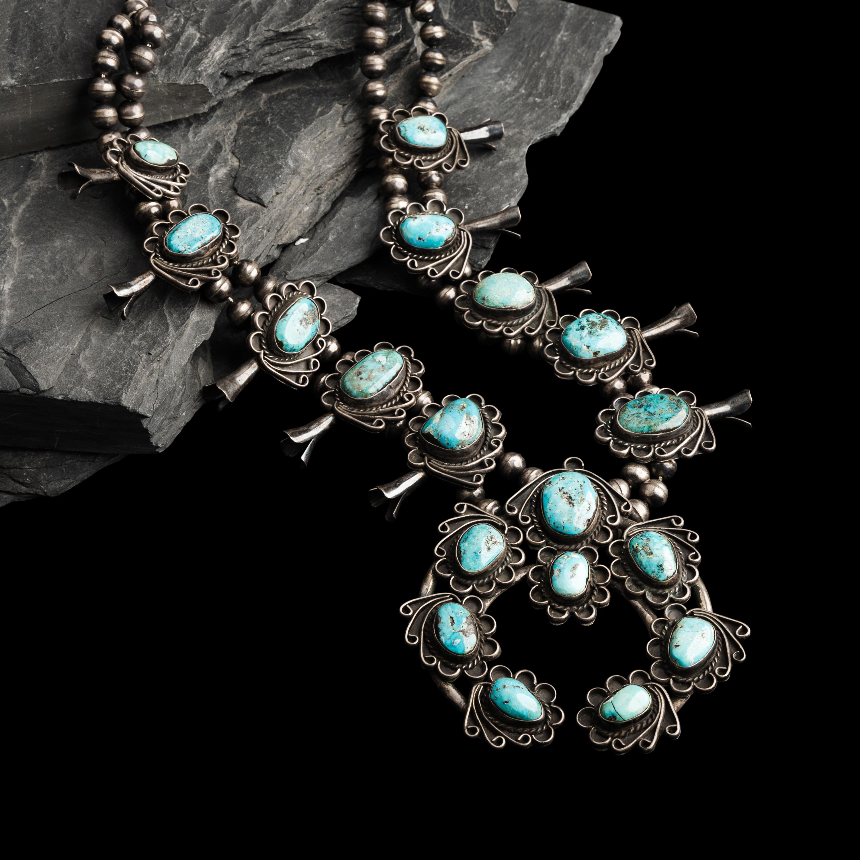 Navajo Silver and Turquoise Squash Blossom Necklace