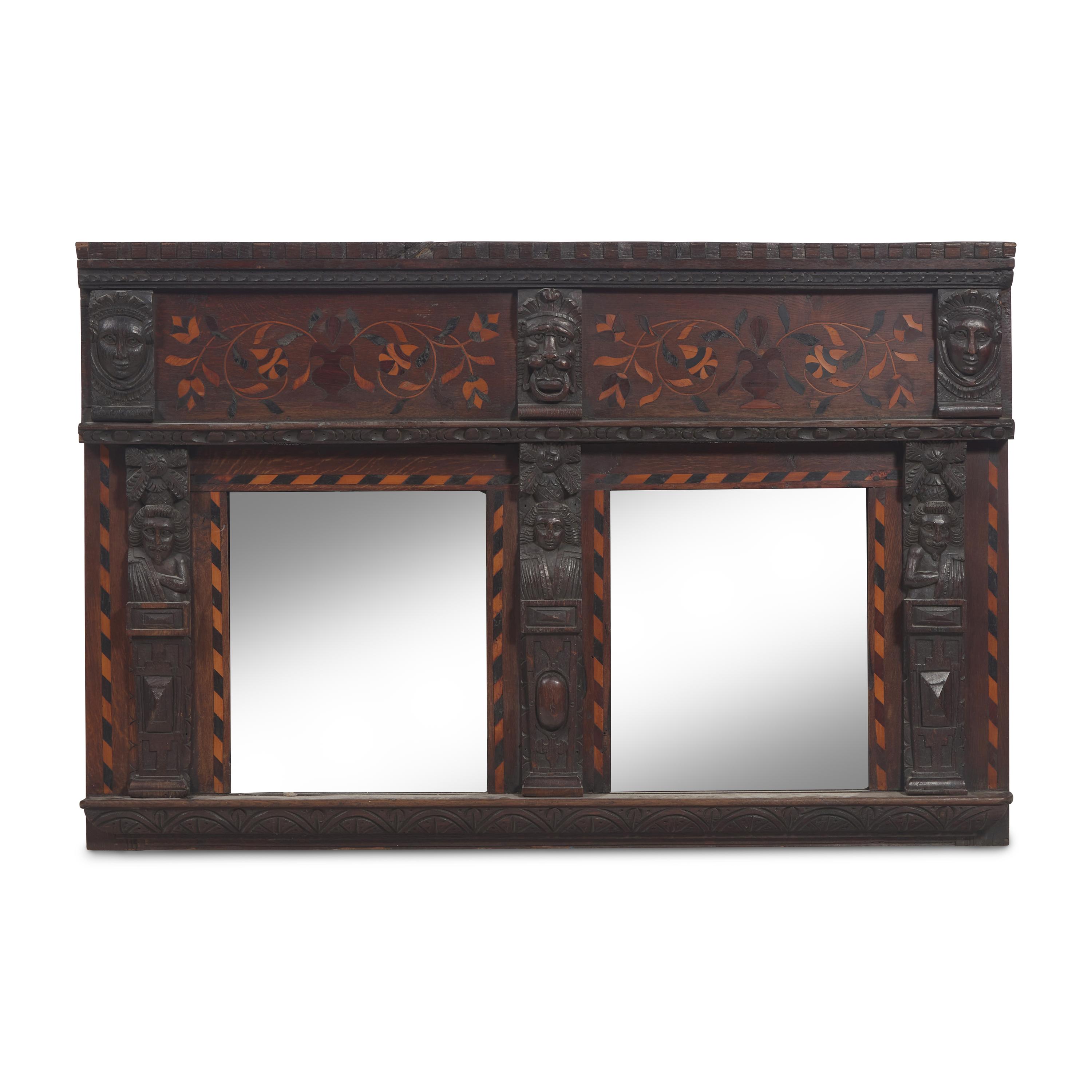 An English or Flemish Inlaid Oak Overmantel Mirror