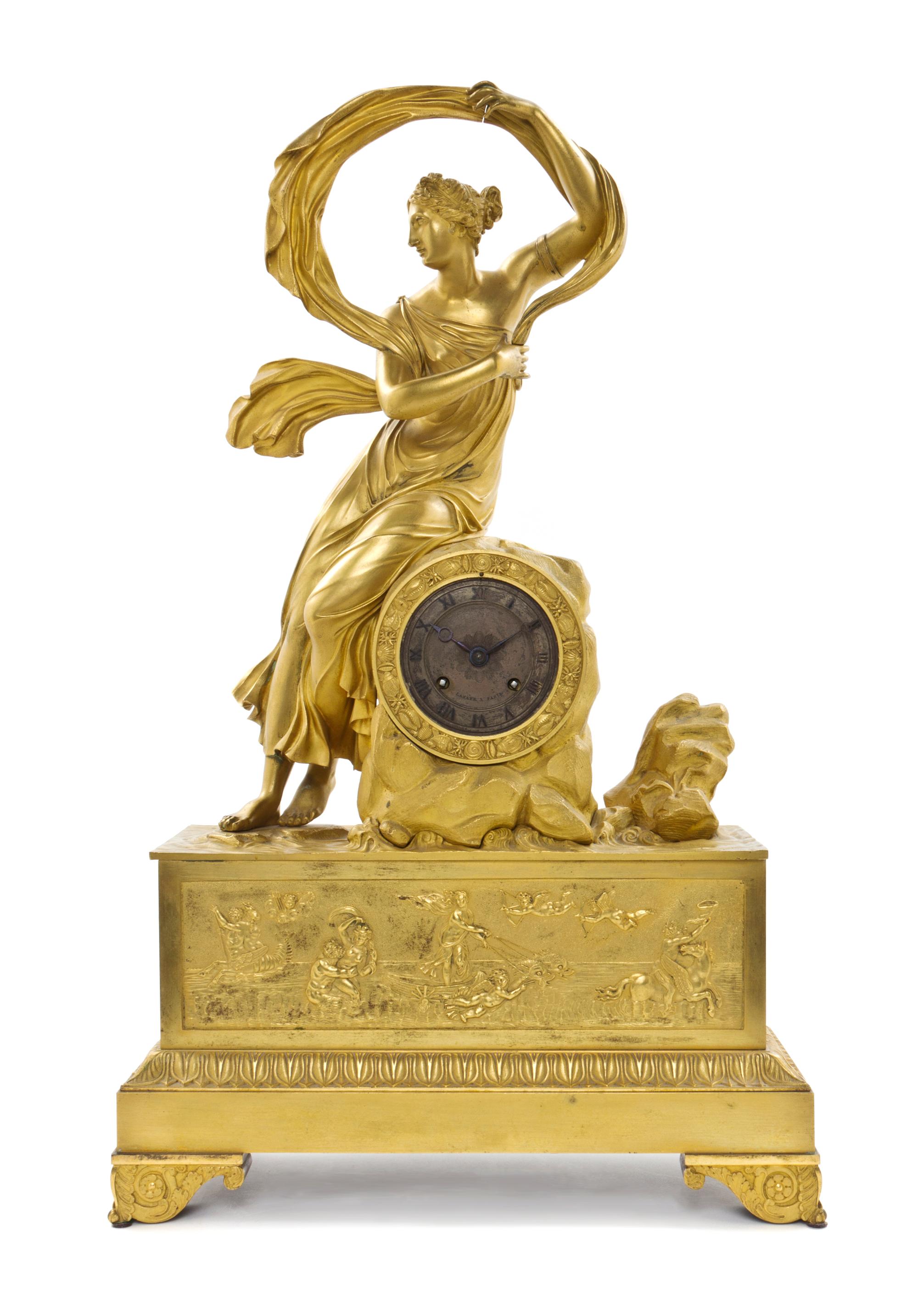 A Louis XVI Style Gilt Bronze Mantel Clock, Height 22 3/4 inches.