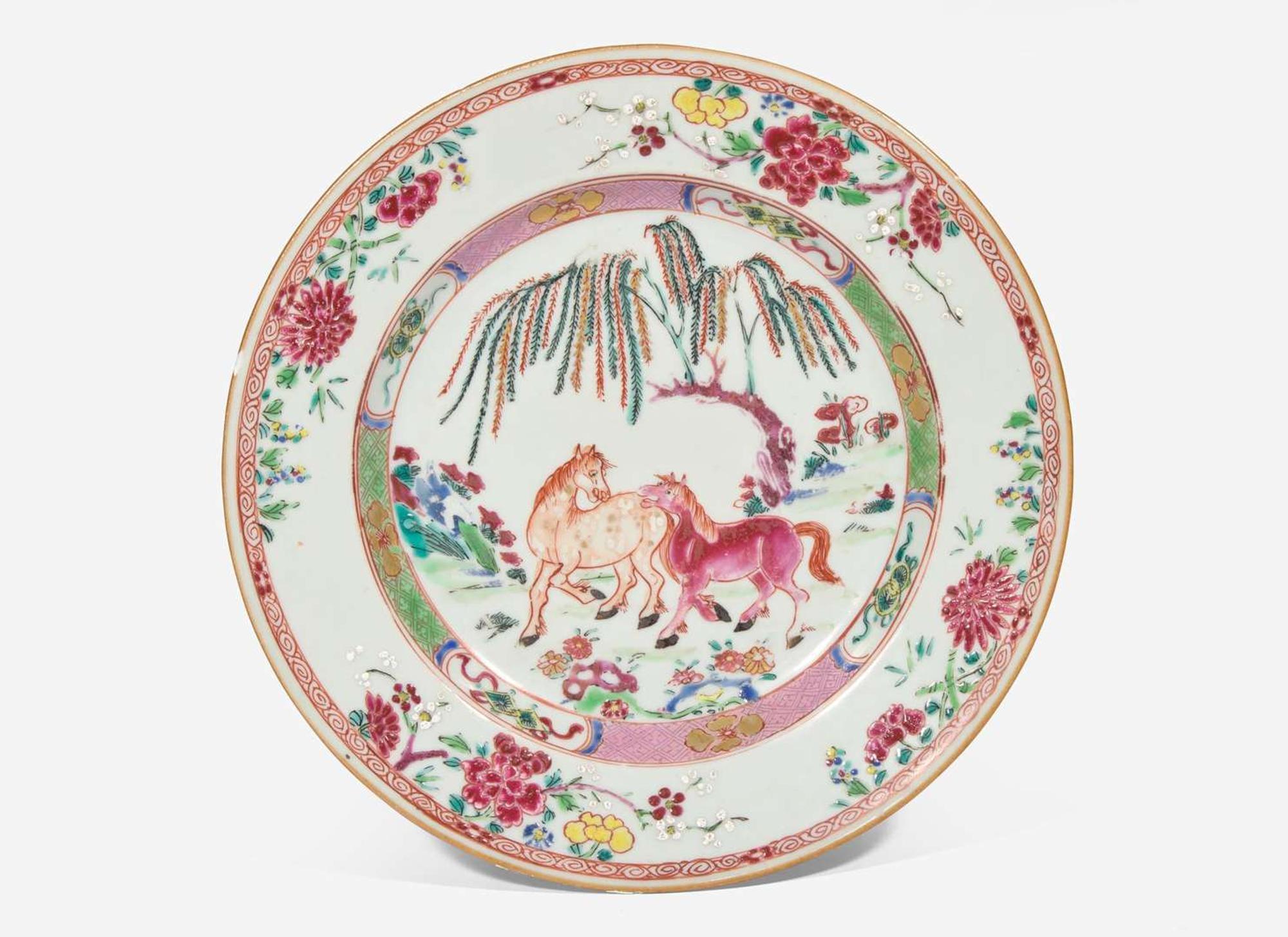 A Chinese famille rose-decorated "horses" dish, Yongzheng period 粉彩雙駿盤 清 雍正