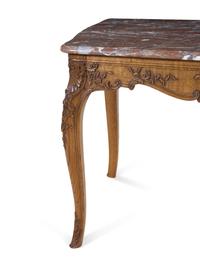A Louis XV Provincial Style Carved Oak Marble-Top Center Table