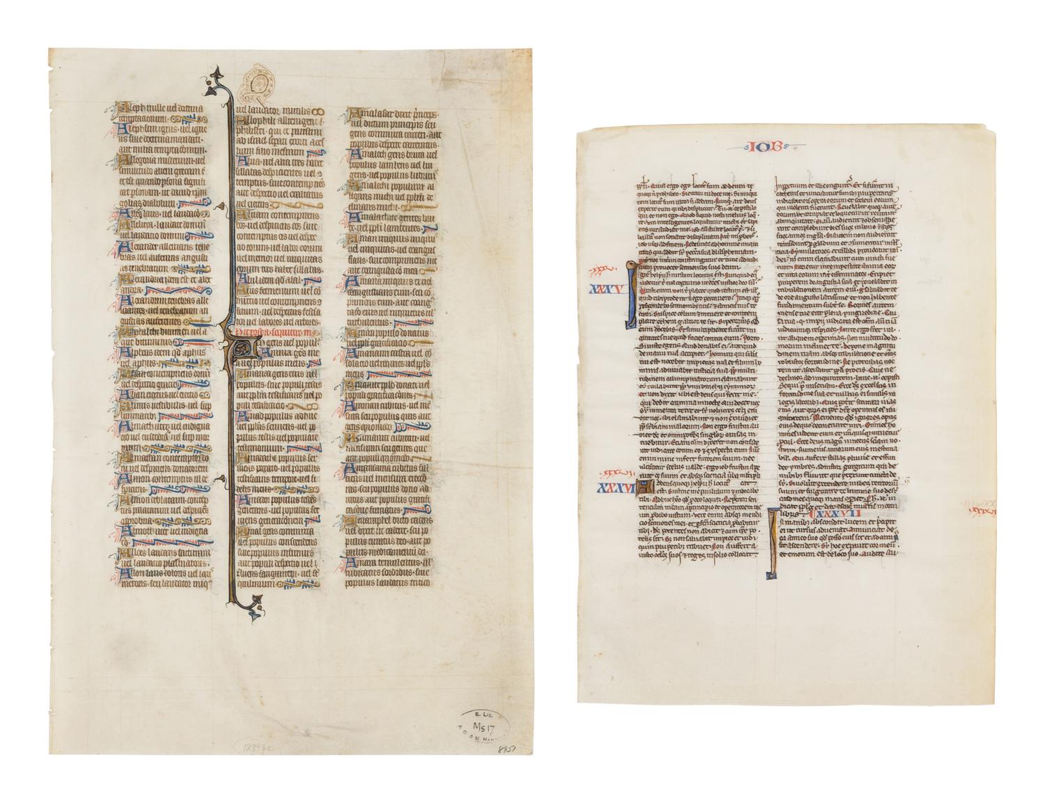 PARISIAN WORKSHOPS Two Bible leaves, one from the St. Alban's Bible, with illuminated initials, in Latin, illuminated manuscript on parchment [France, Paris, c. 1250 & c. 1320s-1330s]