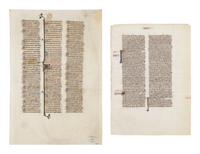 PARISIAN WORKSHOPS Two Bible leaves, one from the St. Alban's Bible, with illuminated initials, in Latin, illuminated manuscript on parchment [France, Paris, c. 1250 & c. 1320s-1330s]