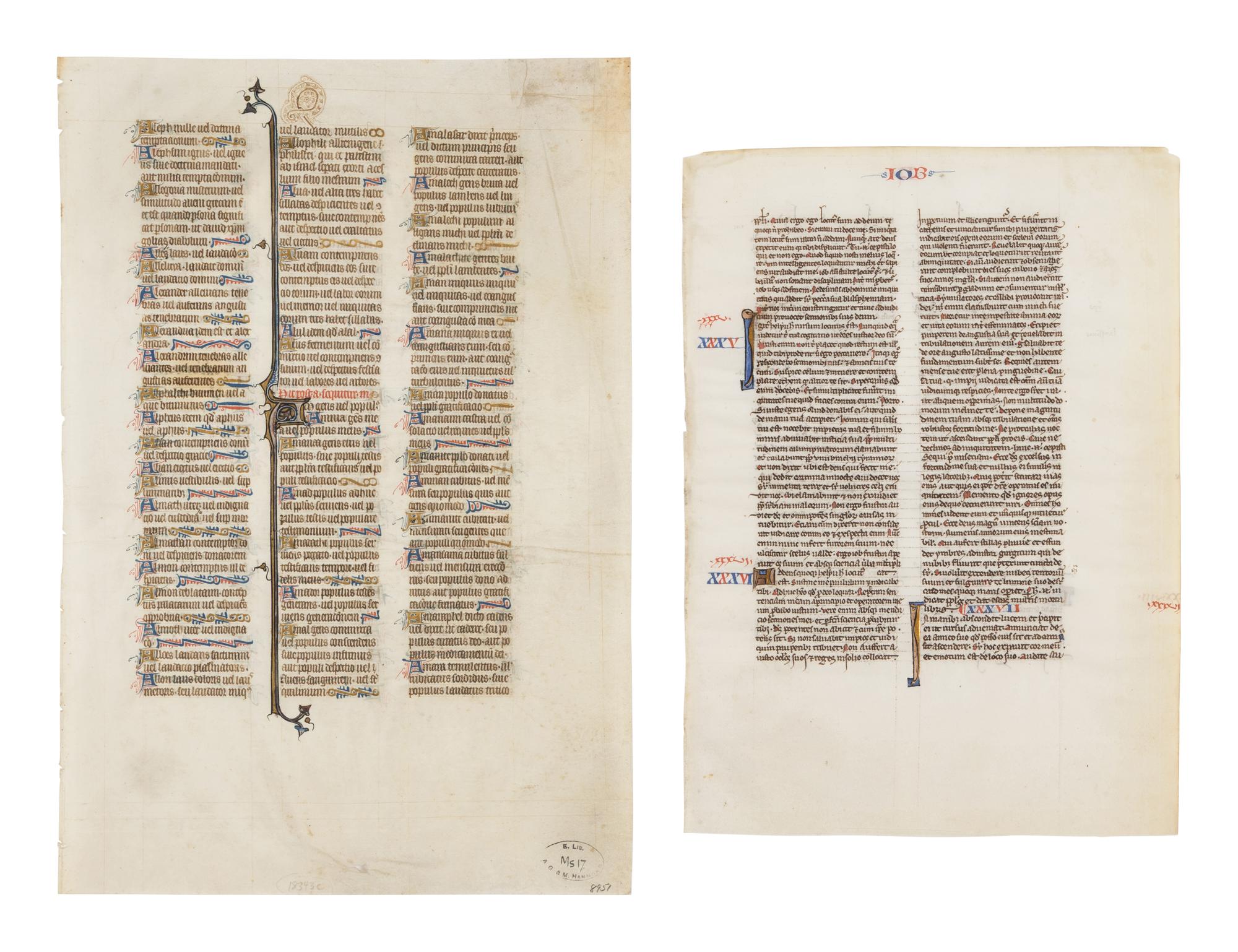 PARISIAN WORKSHOPS Two Bible leaves, one from the St. Alban's Bible, with illuminated initials, in Latin, illuminated manuscript on parchment [France, Paris, c. 1250 & c. 1320s-1330s]