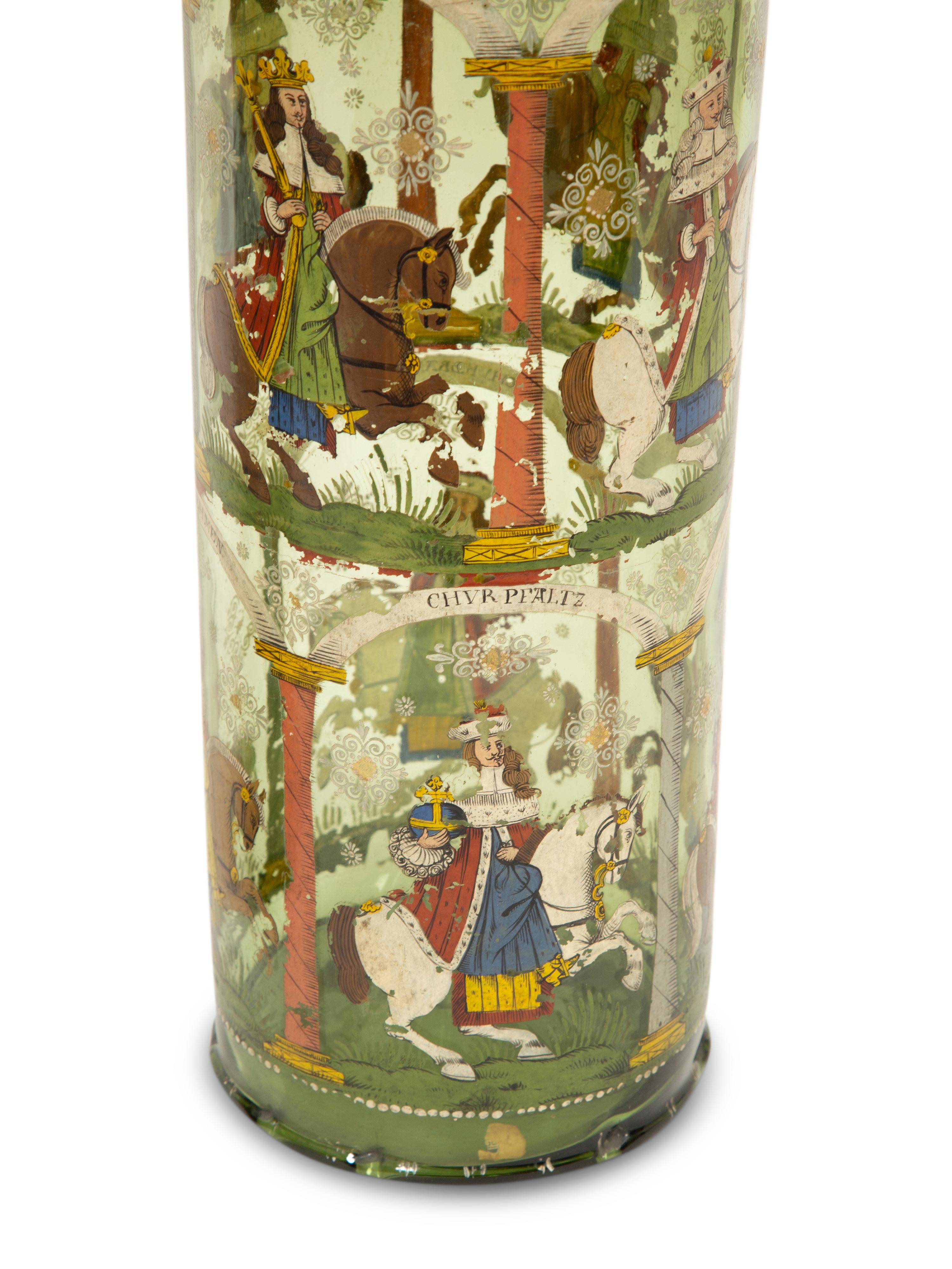 A Near Pair of Bohemian/German Enameled Green Glass Vases and Covers, Humpen