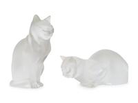 A Pair of Lalique Chat Assis and Chat Couche Feline Models