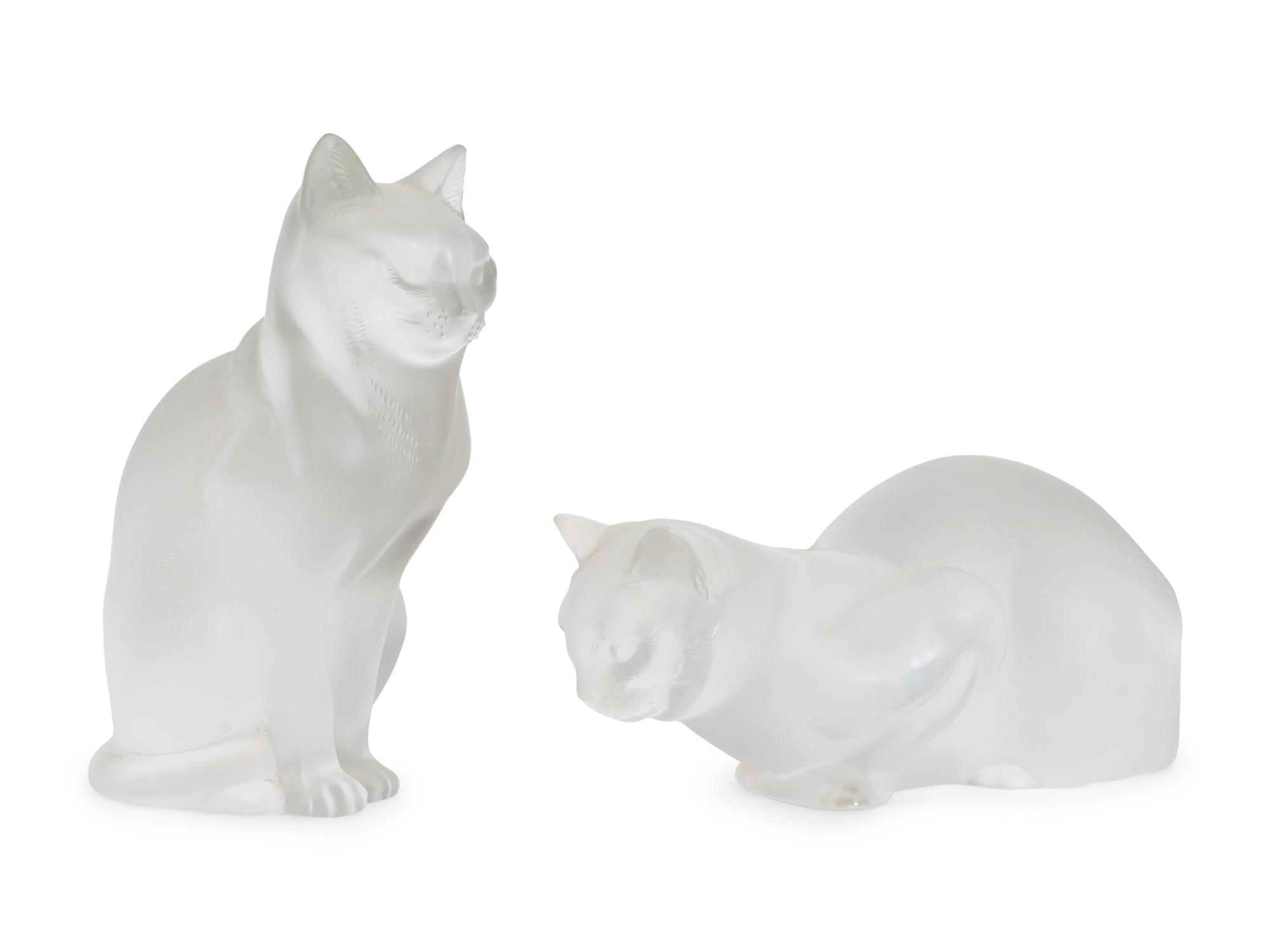 A Pair of Lalique Chat Assis and Chat Couche Feline Models