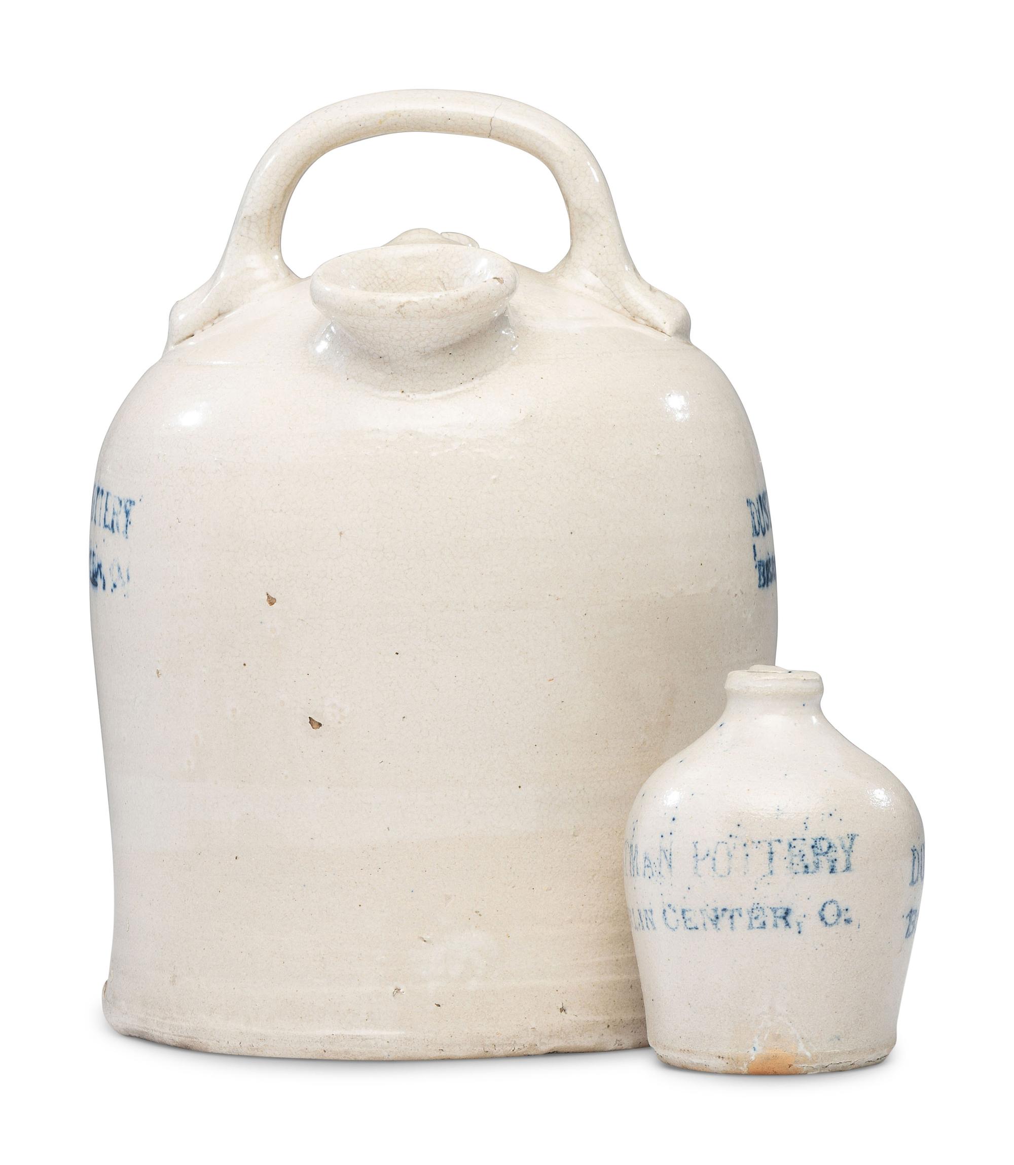Two Dustman Pottery Stenciled Harvest or Field Jugs