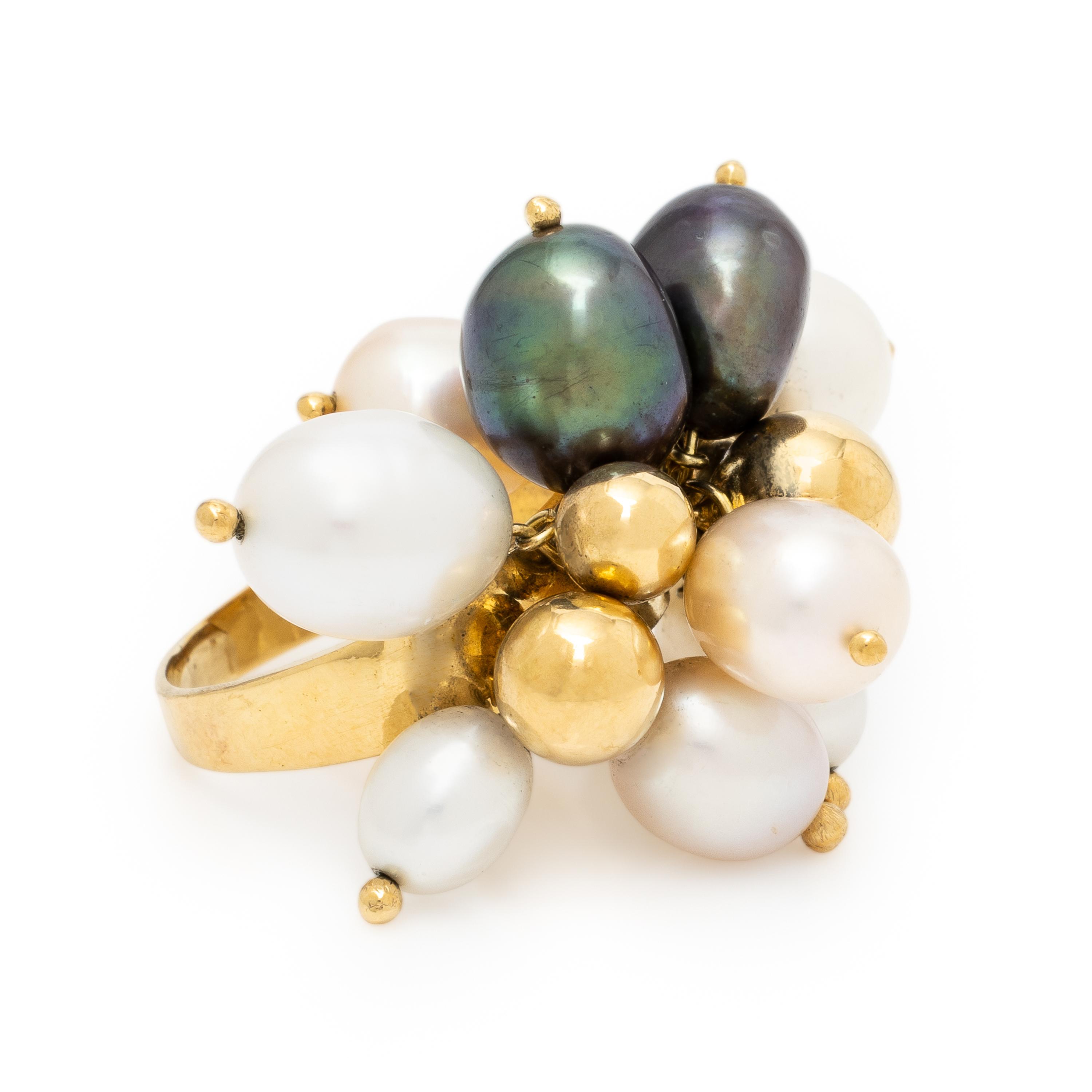Yellow Gold and Cultured Pearl Cluster Ring