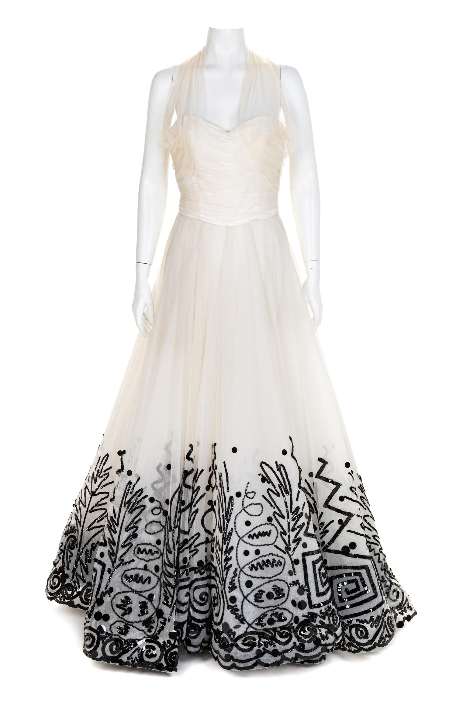 Fabrice Cream Gown with Black Beaded Skirt, 1990-2000s