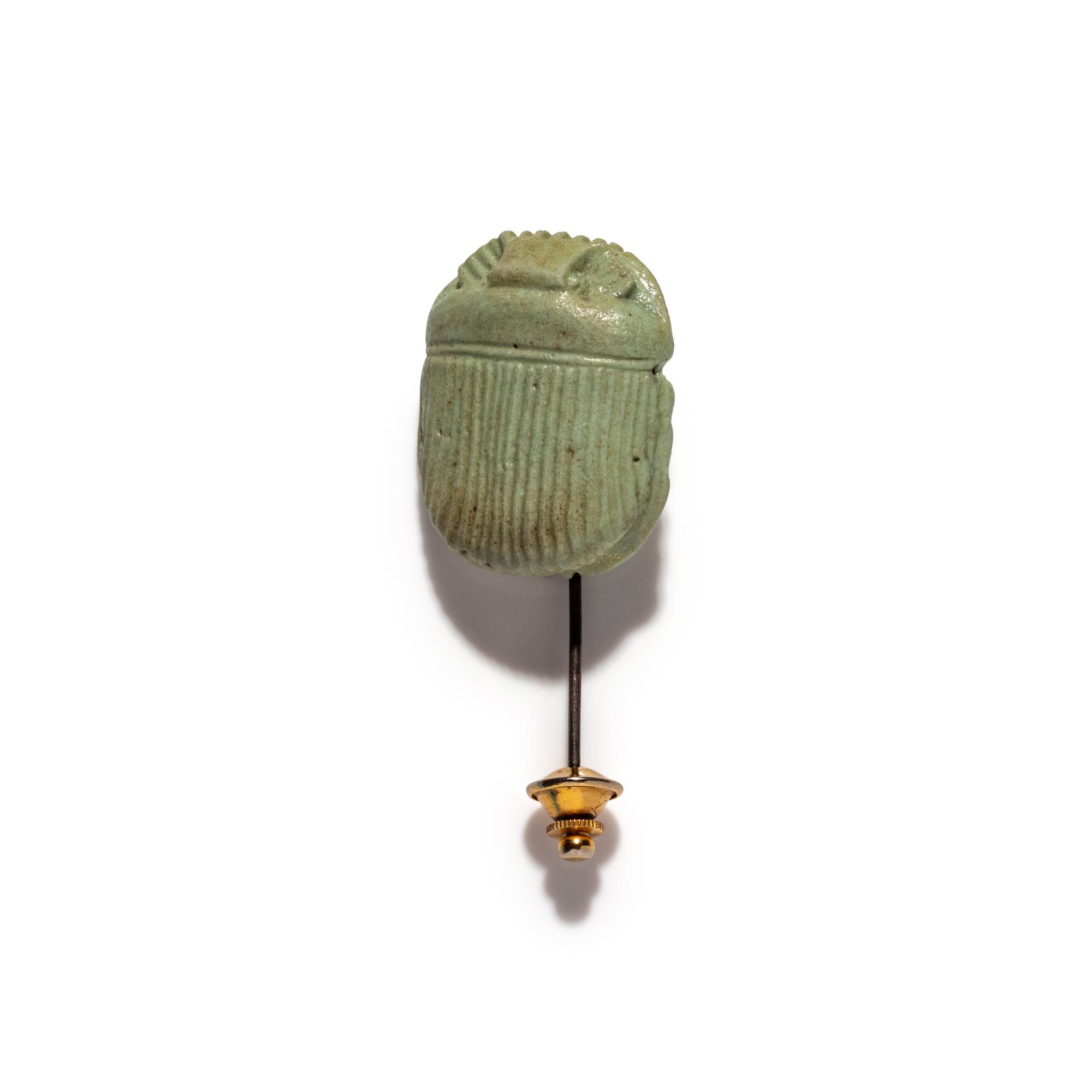 An Egyptian Faience Scarab — Set in a metal stickpin