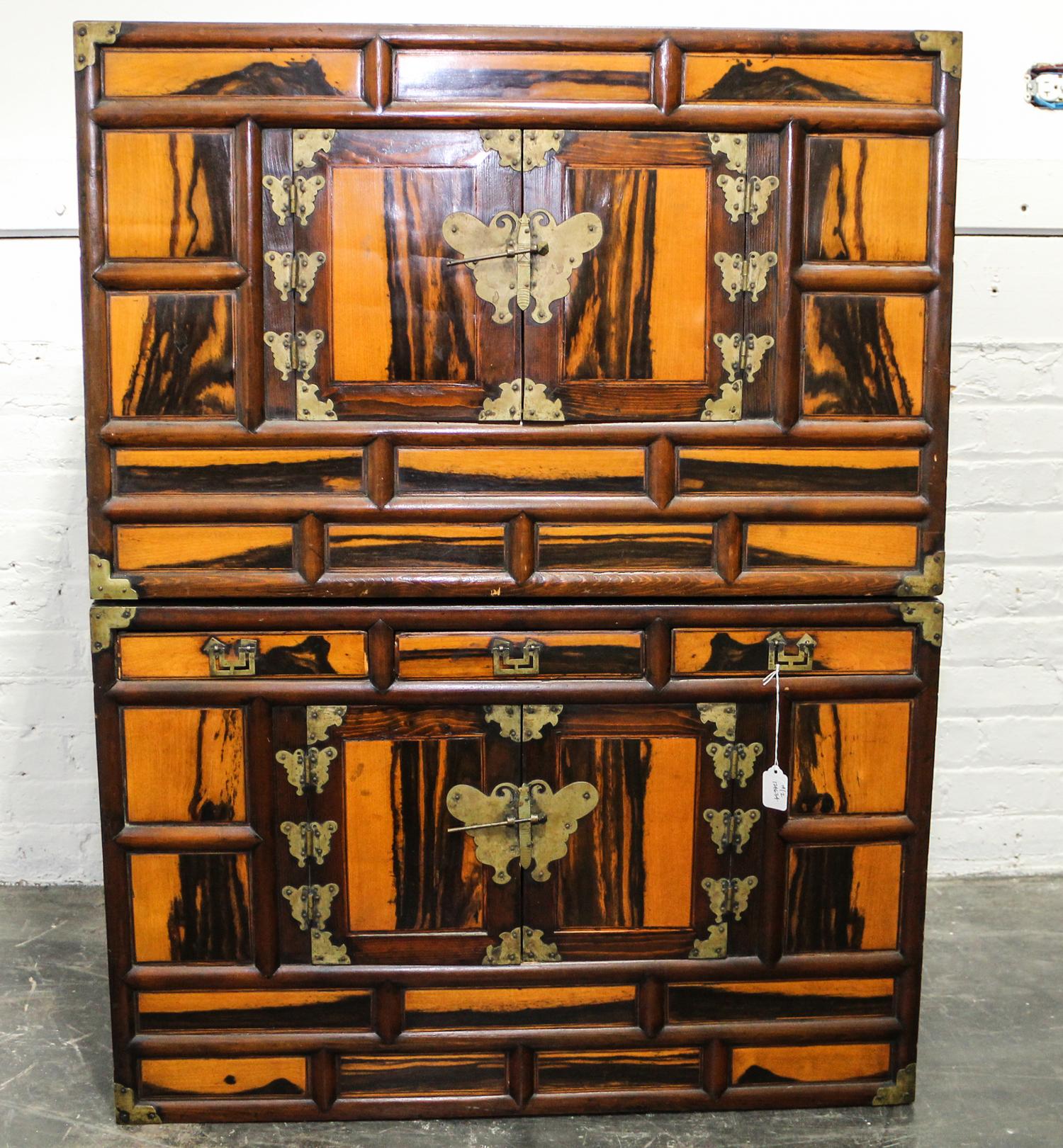 A Pair of Brass Mounted Tansu Chests. Height 21 1/8 x width 32 3/8 x depth 14 1/2 inches.