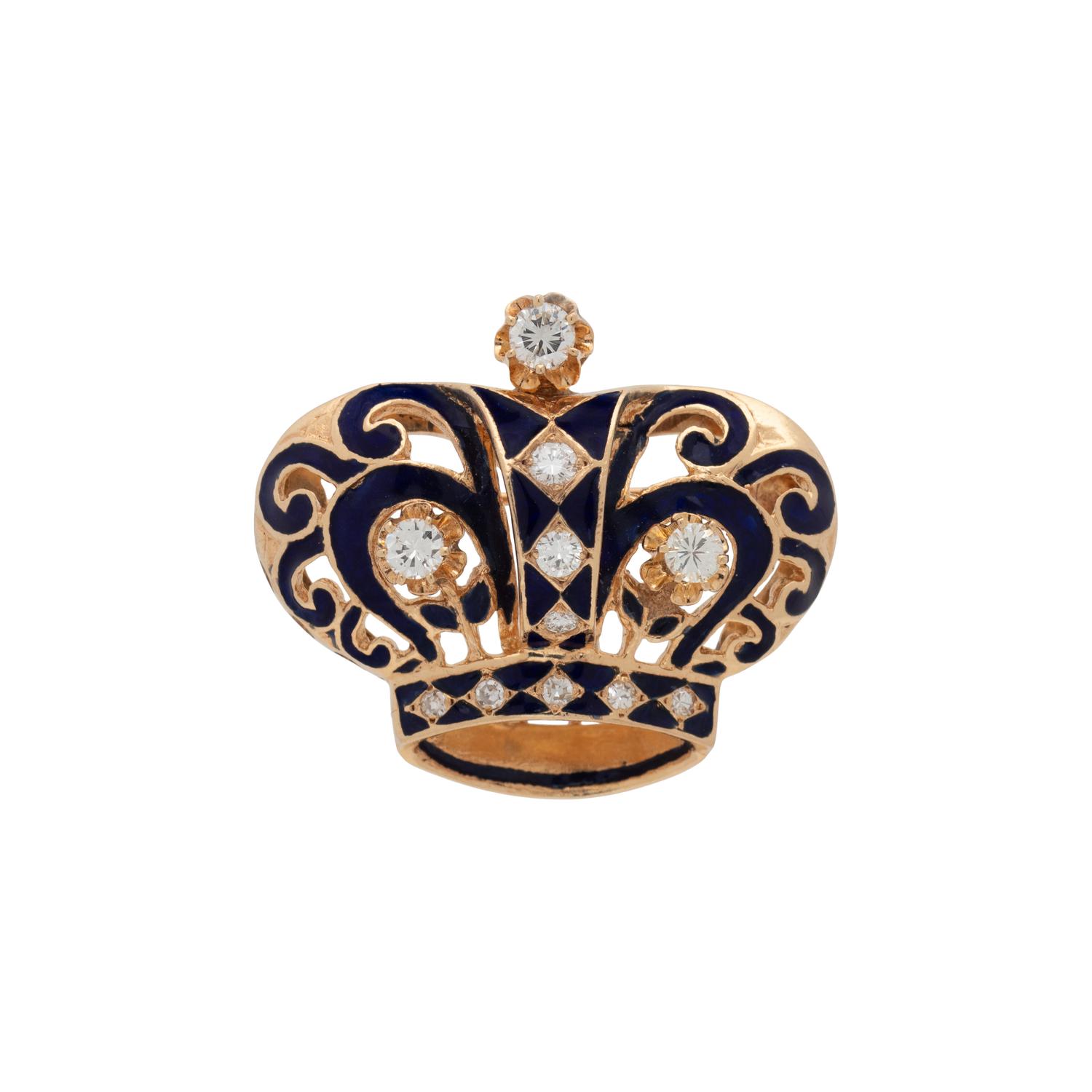 DIAMOND AND ENAMEL CROWN BROOCH