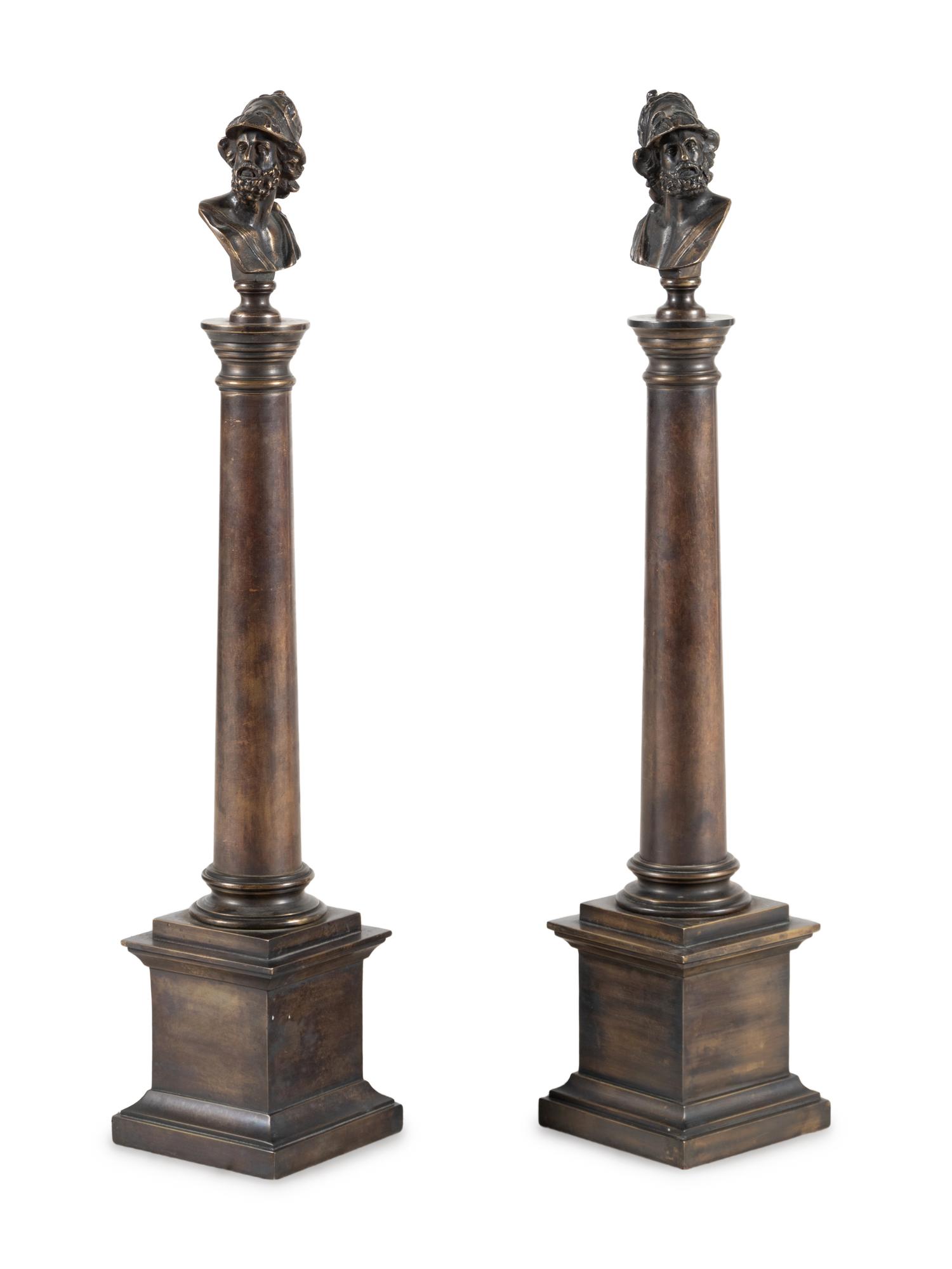 A Pair of Grand Tour Patinated Bronze Columns with Busts of Roman Soldiers