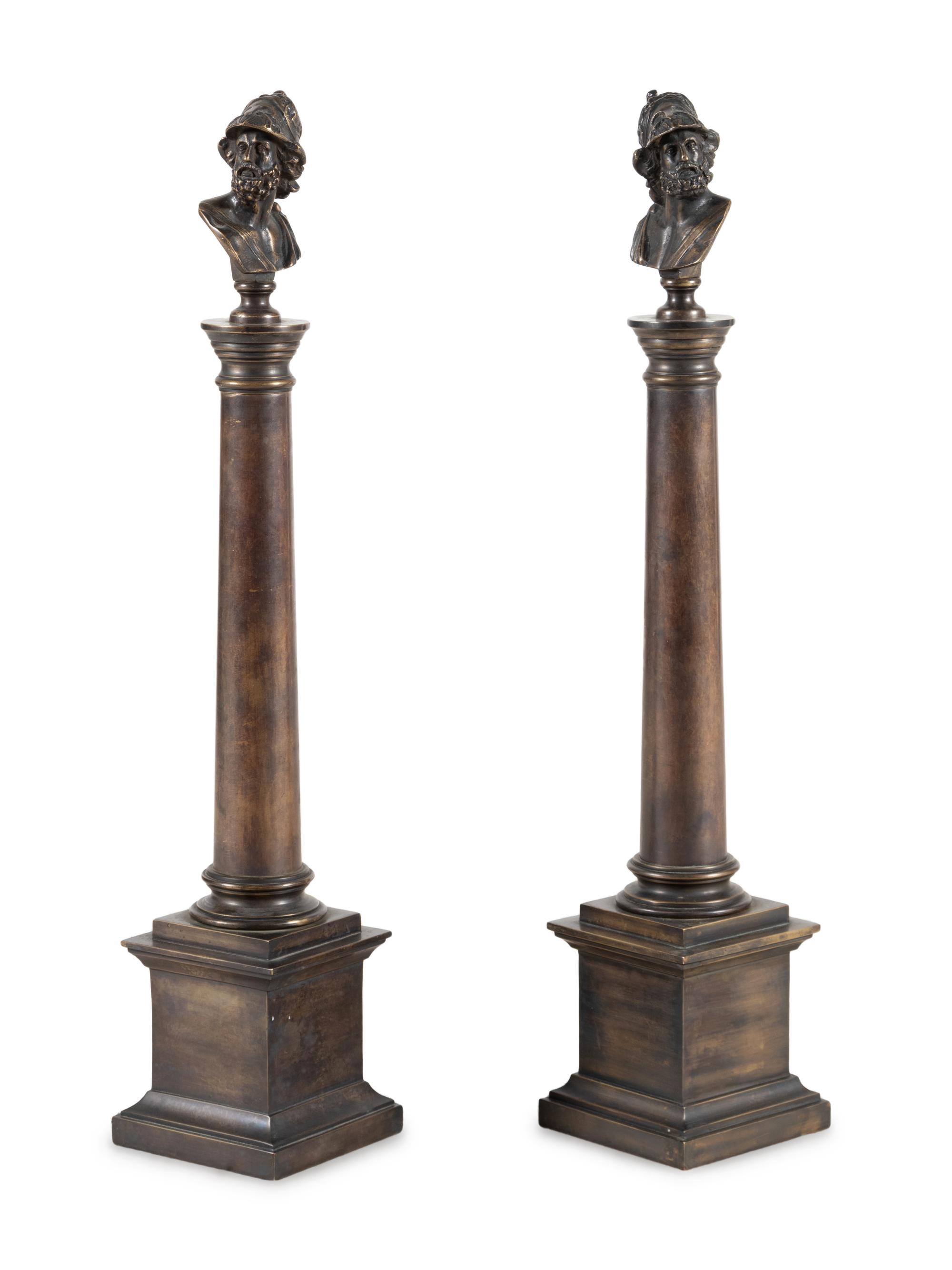 A Pair of Grand Tour Patinated Bronze Columns with Busts of Roman Soldiers