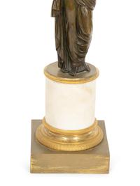 A Pair of Lous XVI Style Gilt and Patinated Bronze and Marble Figural Candelabra