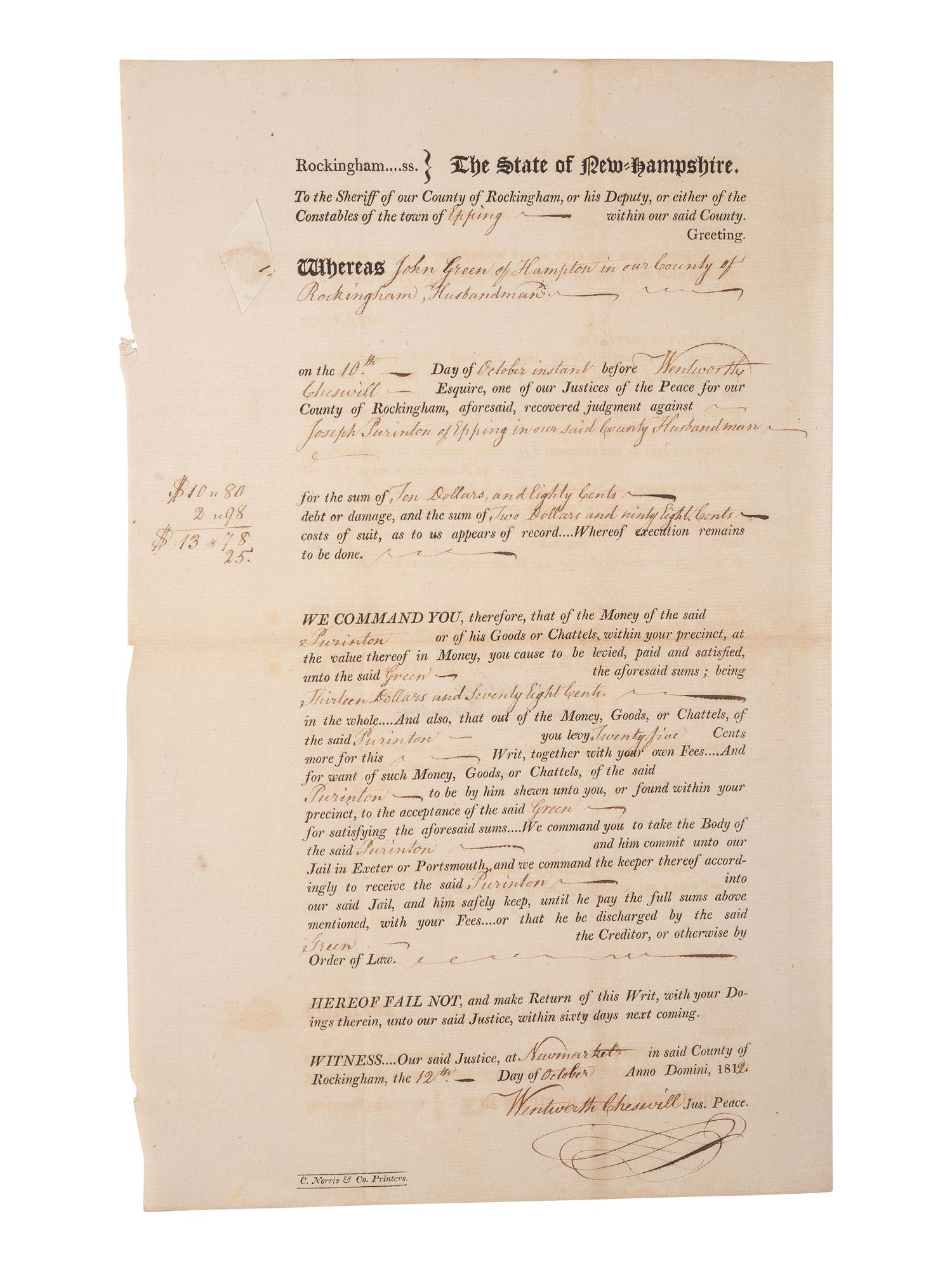 [REVOLUTIONARY WAR]. CHESWILL, Wentworth (1746-1817). Document signed ("Wentworth Cheswill") as Justice of the Peace. Newmarket, NH, 12 October 1812.