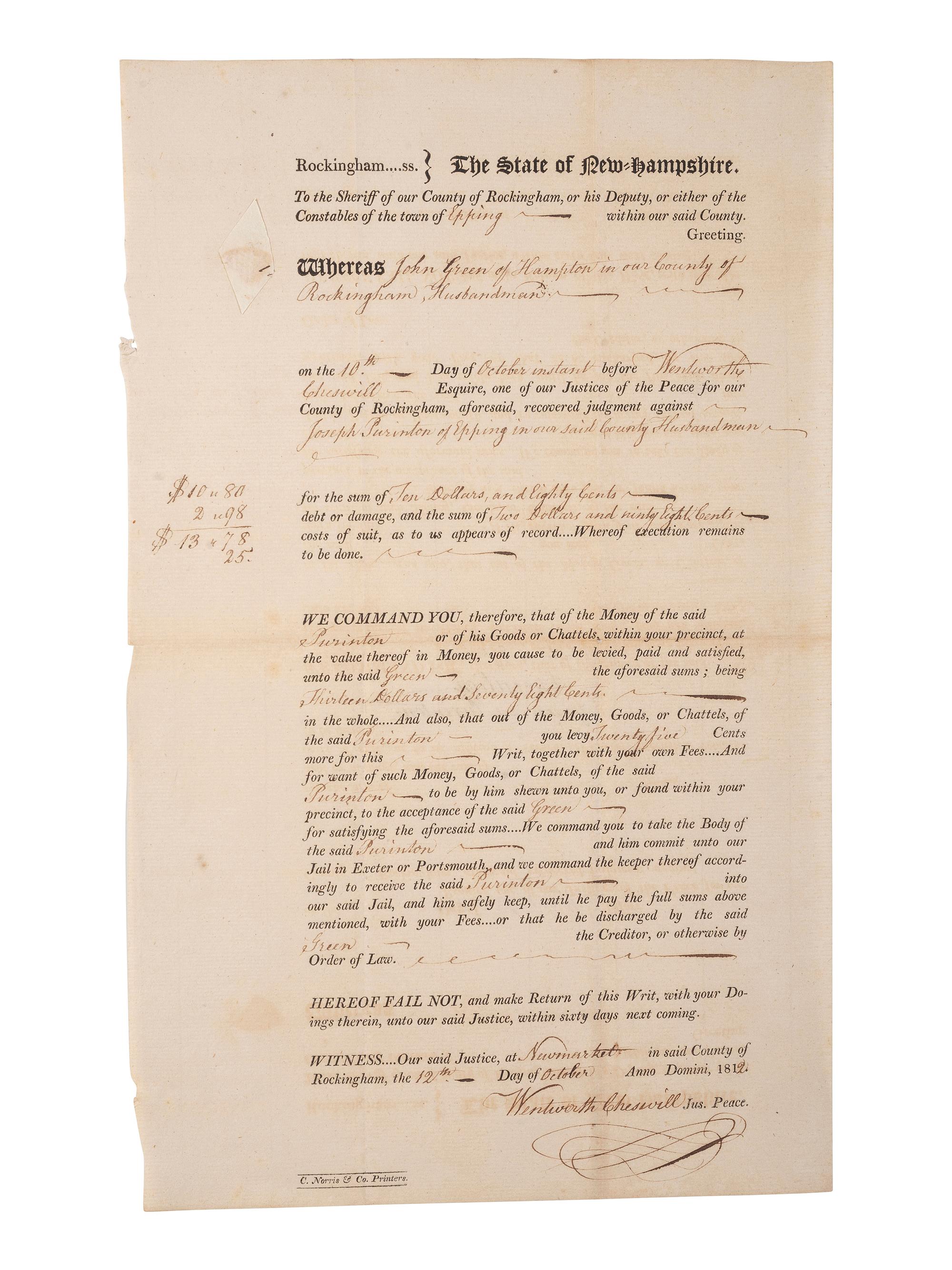 [REVOLUTIONARY WAR]. CHESWILL, Wentworth (1746-1817). Document signed ("Wentworth Cheswill") as Justice of the Peace. Newmarket, NH, 12 October 1812.